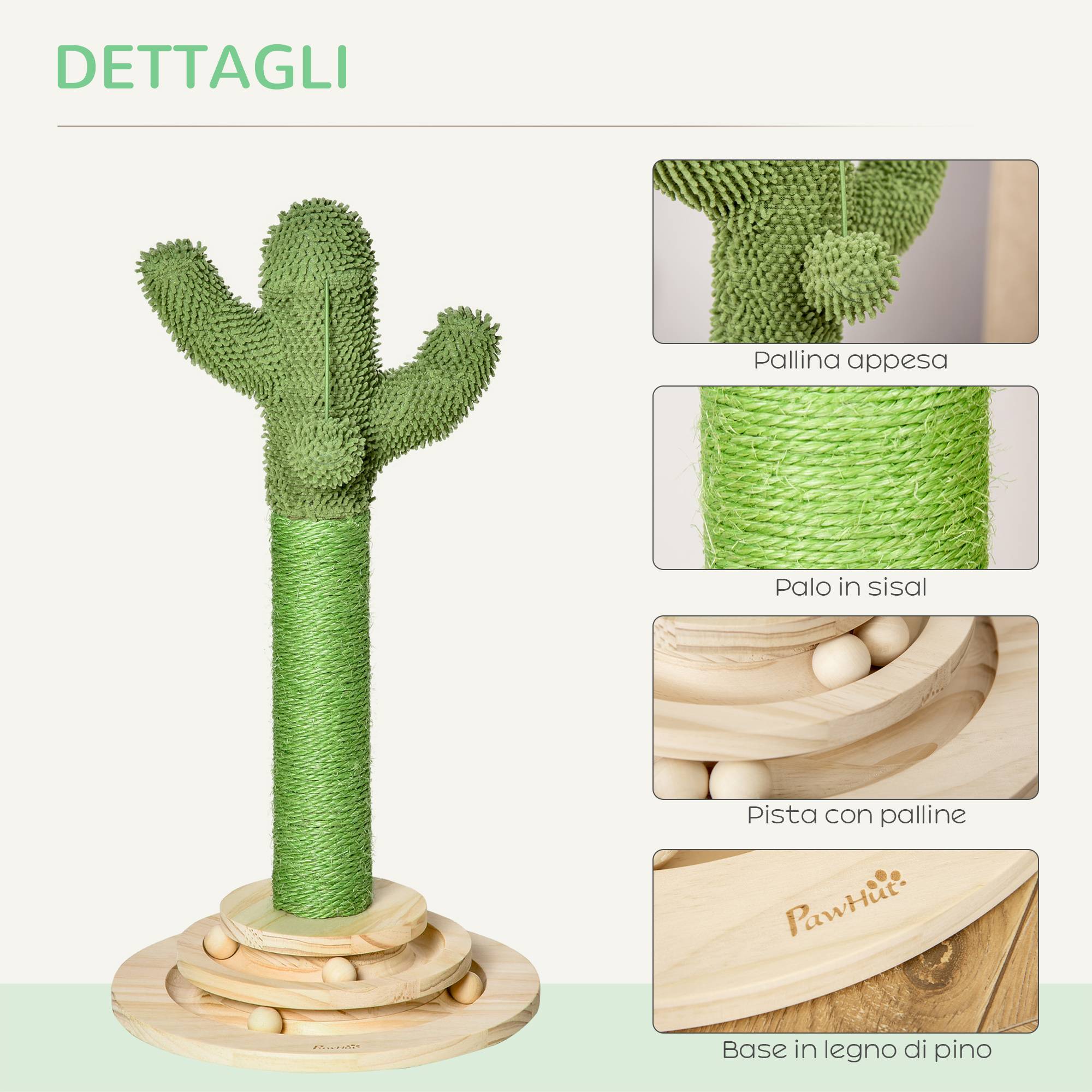 Arbre à chat cactus avec corde en sisal et base en bois, 32 x 32 x 60 cm - Image 7