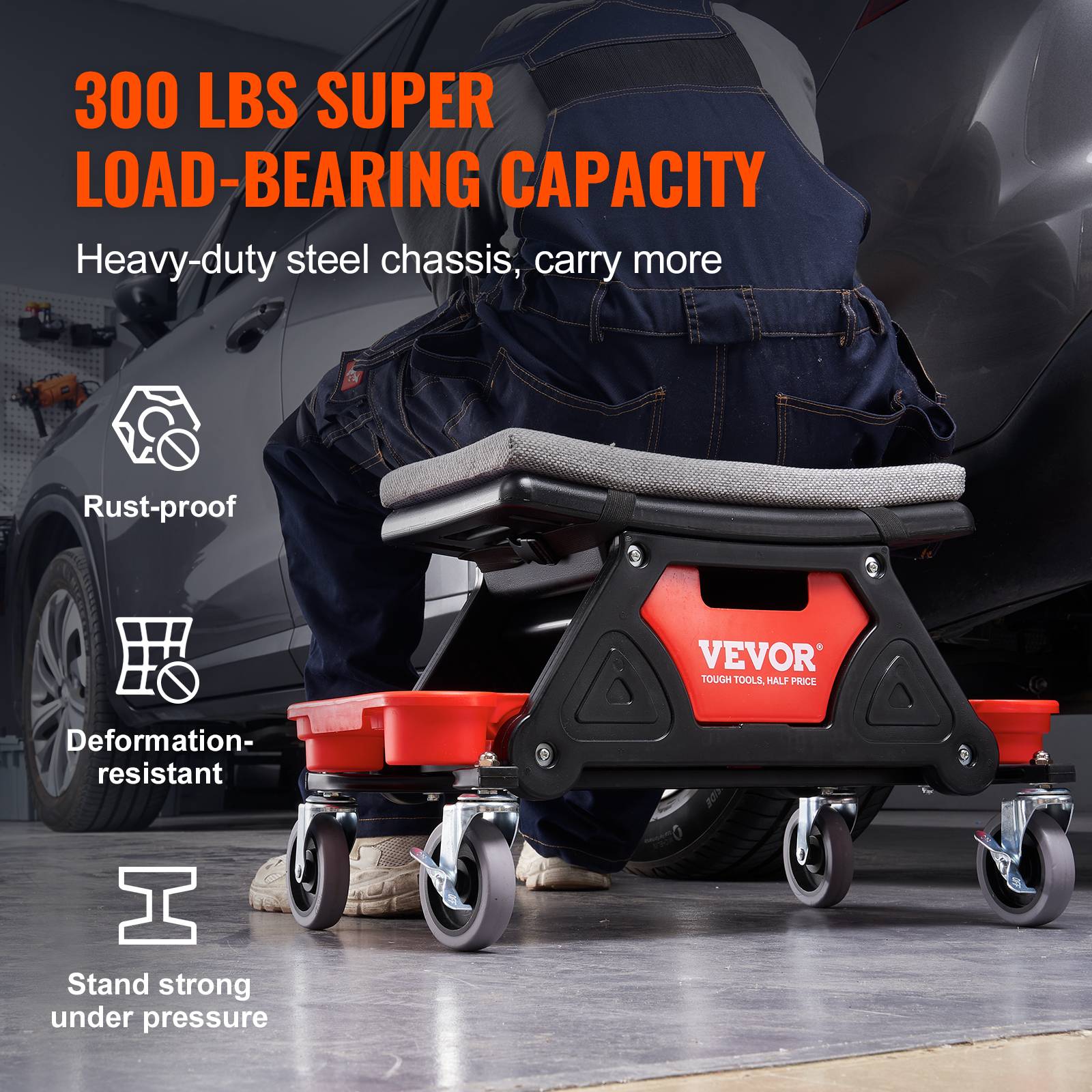 VEVOR Tabouret atelier mobile, charge 136 kg. Roulettes, plateau outils. Entretien auto, garage. - Image 5