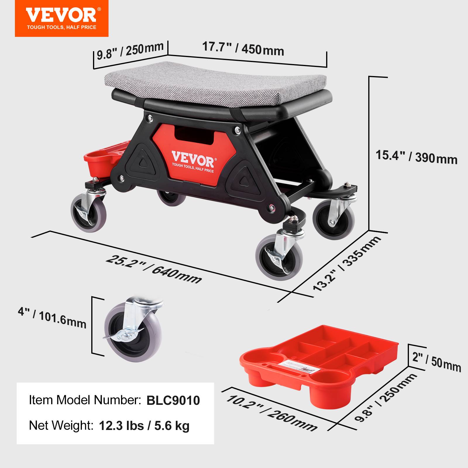 VEVOR Tabouret atelier mobile, charge 136 kg. Roulettes, plateau outils. Entretien auto, garage. - Image 7