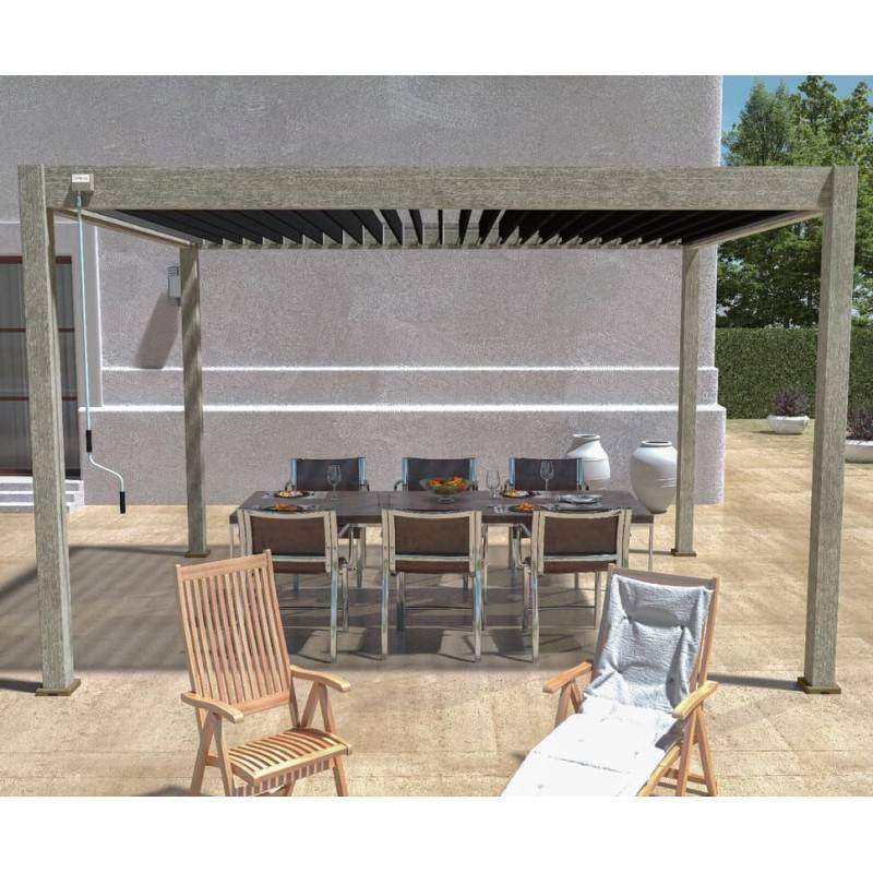 Ombrea - Pergola bioclimatique Ombréa 3x4M autoportée Woodlook/Anthracite + 1 panneau brise vue 1M Anthracite VS - Image 2