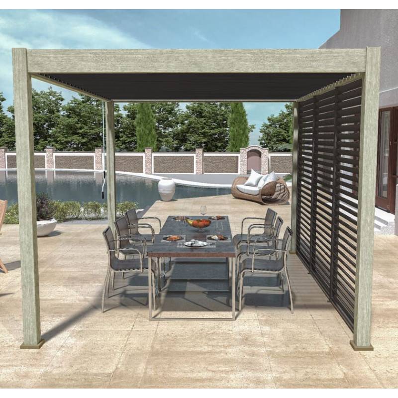 Ombrea - Pergola bioclimatique Ombréa 3x4M autoportée Woodlook/Anthracite + 1 panneau brise vue 1M Anthracite VS