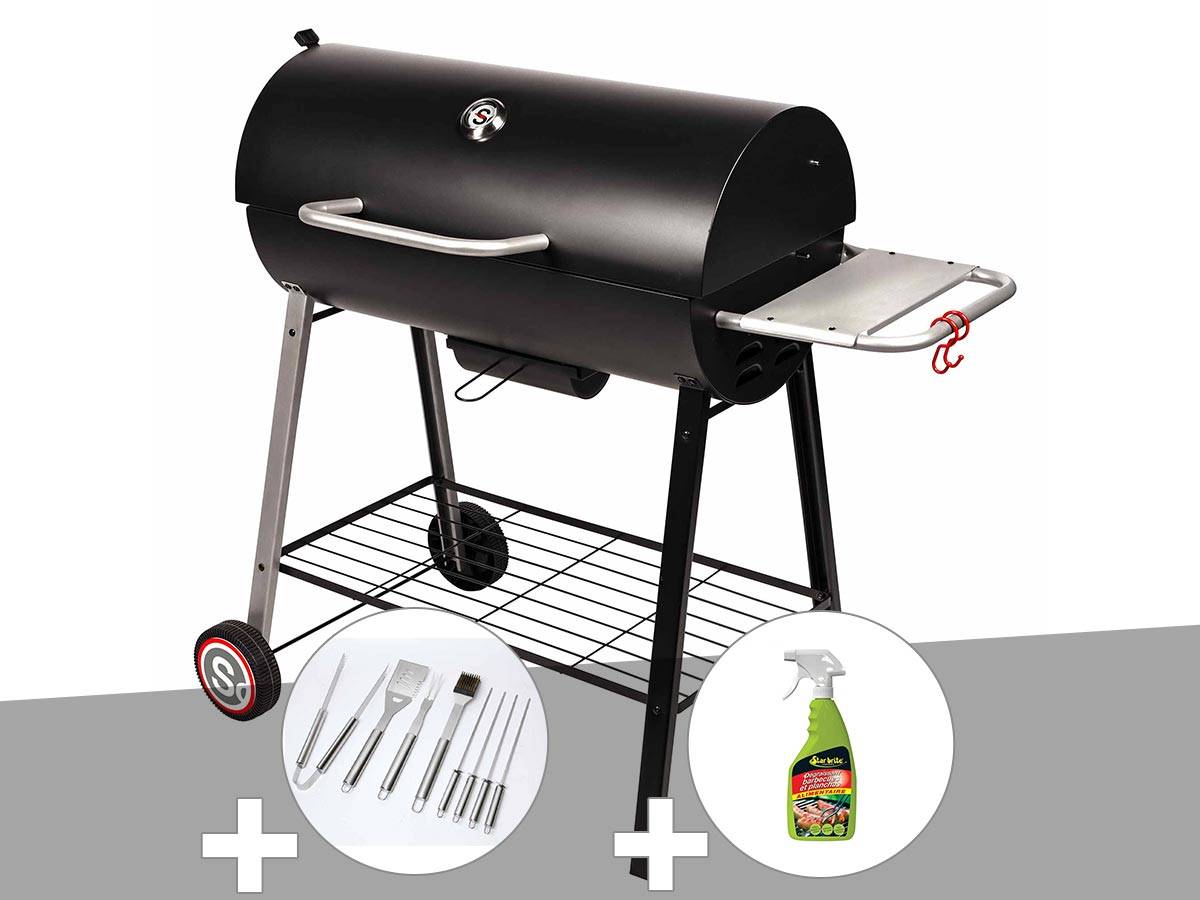 Somagic - Barbecue à charbon sur chariot Michigan + Malette de 8 accessoires inox + Dégraissant pour barbecue - Somagic