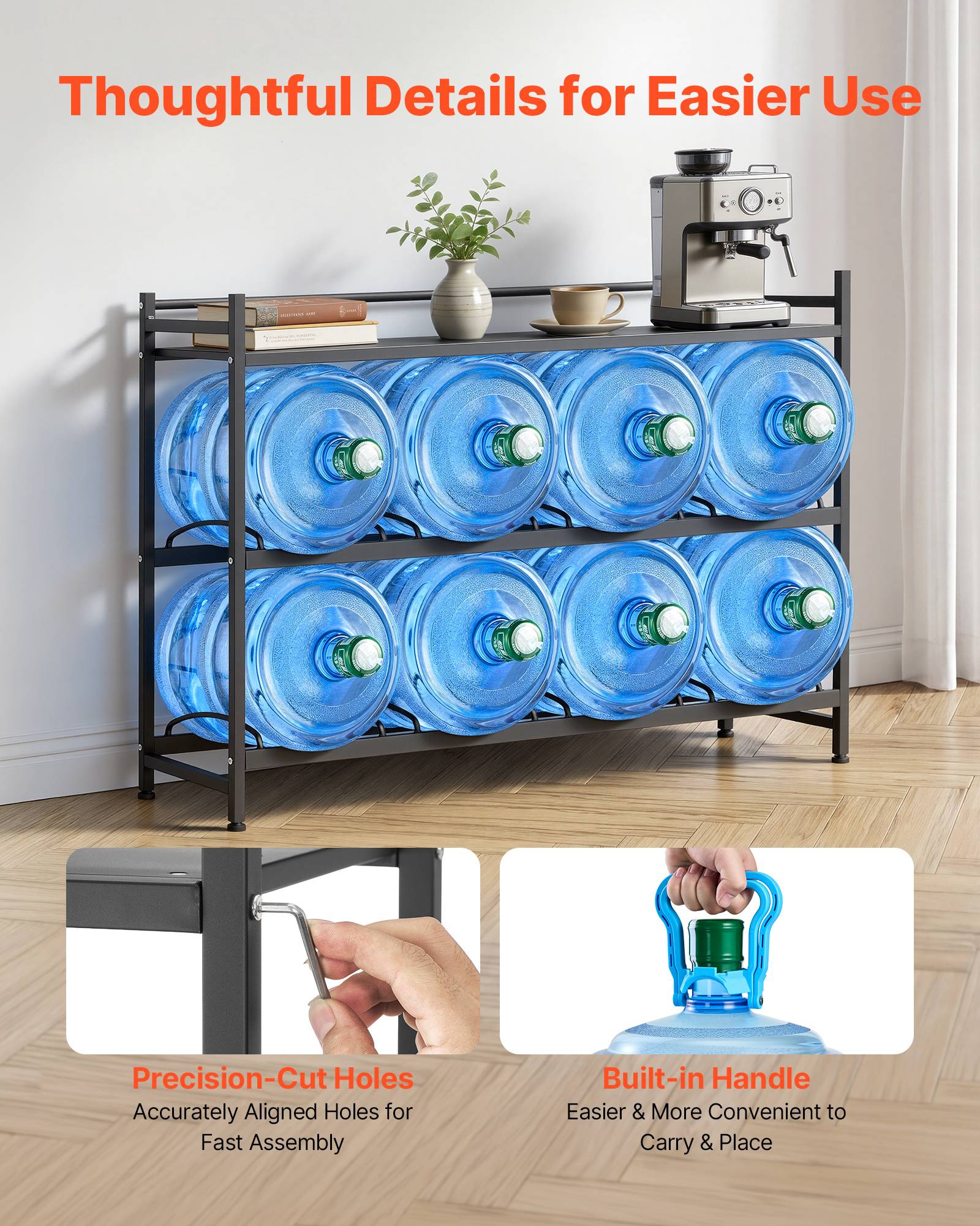 Vevor - VEVOR Support pour bonbonnes d'eau, rack 8 bidons 11/19L, 3 niveaux 4 rangées, étagère supérieure, cadre acier Q195, noir - Image 5