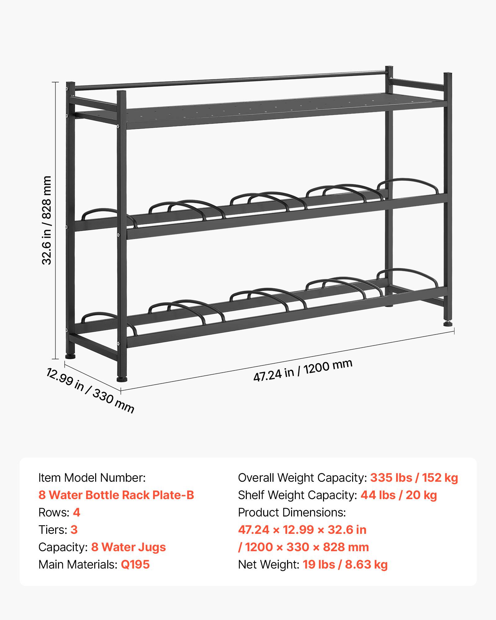 Vevor - VEVOR Support pour bonbonnes d'eau, rack 8 bidons 11/19L, 3 niveaux 4 rangées, étagère supérieure, cadre acier Q195, noir - Image 6
