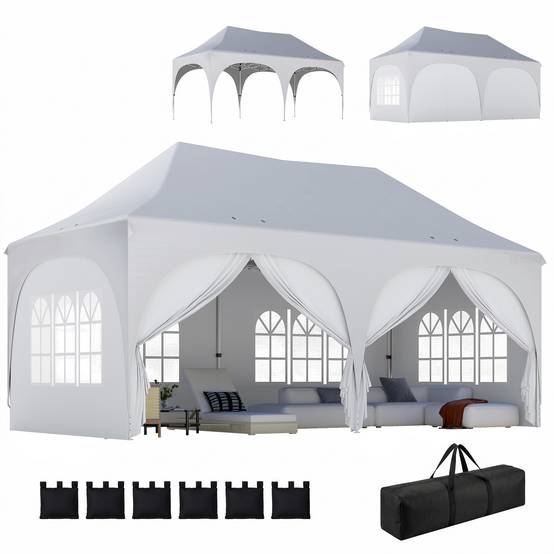 Tente pliante pop-up 6 x 3 m avec 6 panneaux latéraux détachables, hauteur réglable et sac de transport, gris clair - Image 1