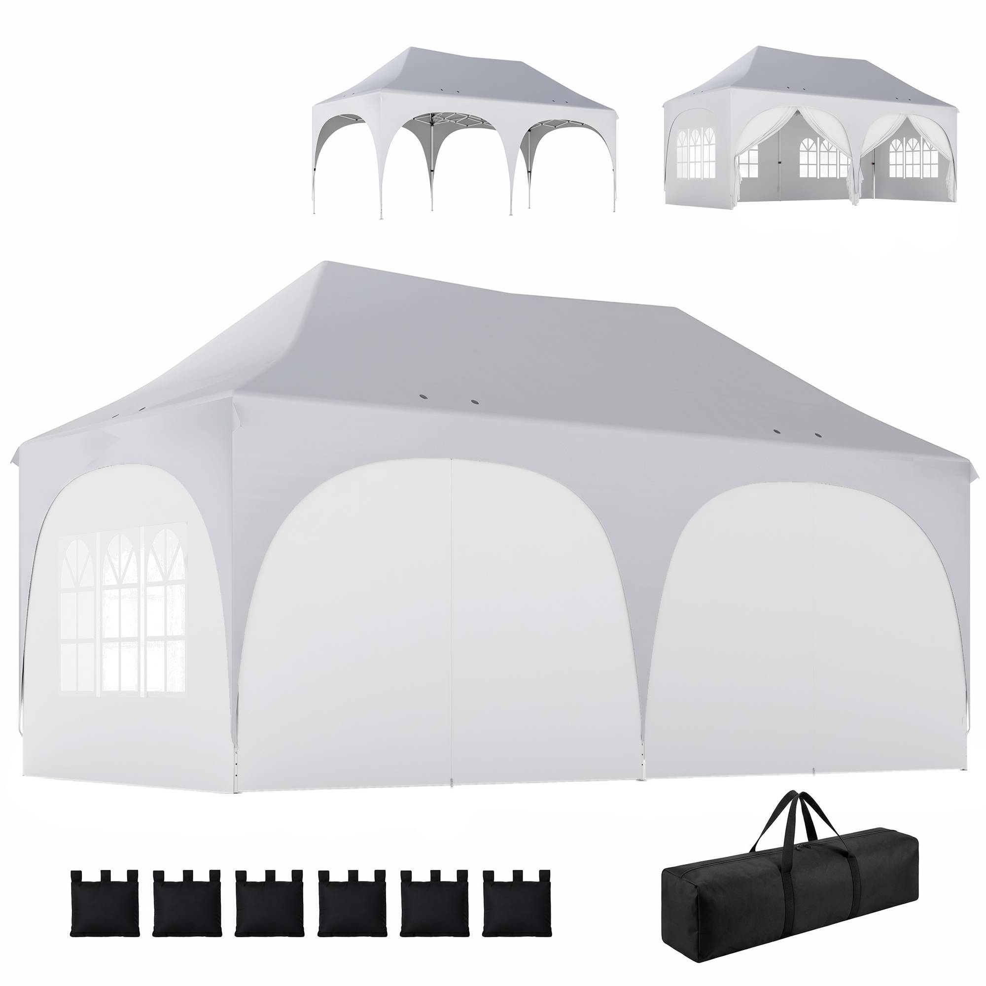 Tente pliante pop-up 6 x 3 m avec 6 panneaux latéraux détachables, hauteur réglable et sac de transport, gris clair - Image 2