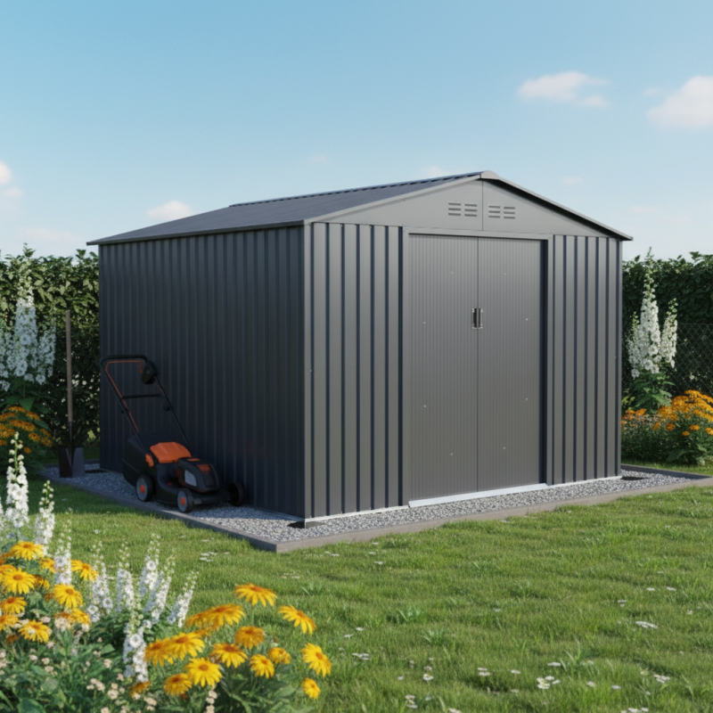 X-Metal - Abri de jardin métal 8,84m² anthracite avec kit d'ancrage et double porte X-Metal - Image 1