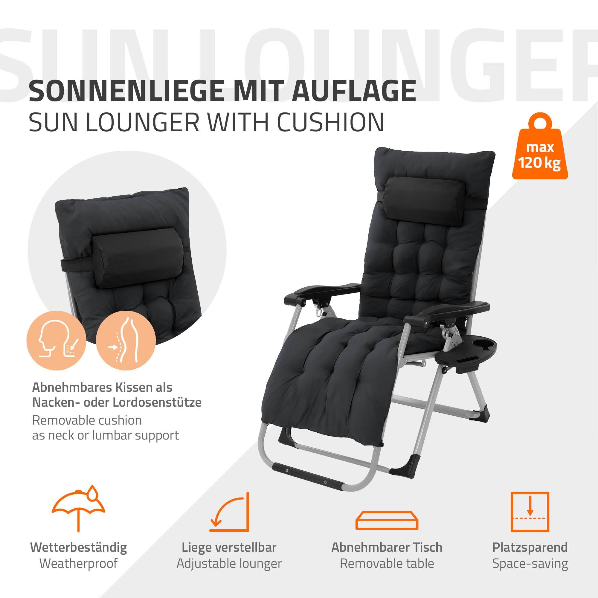 Ecd-Germany - Chaise Longue Pliante Noire, avec Porte-Boisson, en Métal et Textile, Bain de Soleil Extra Large - Image 2
