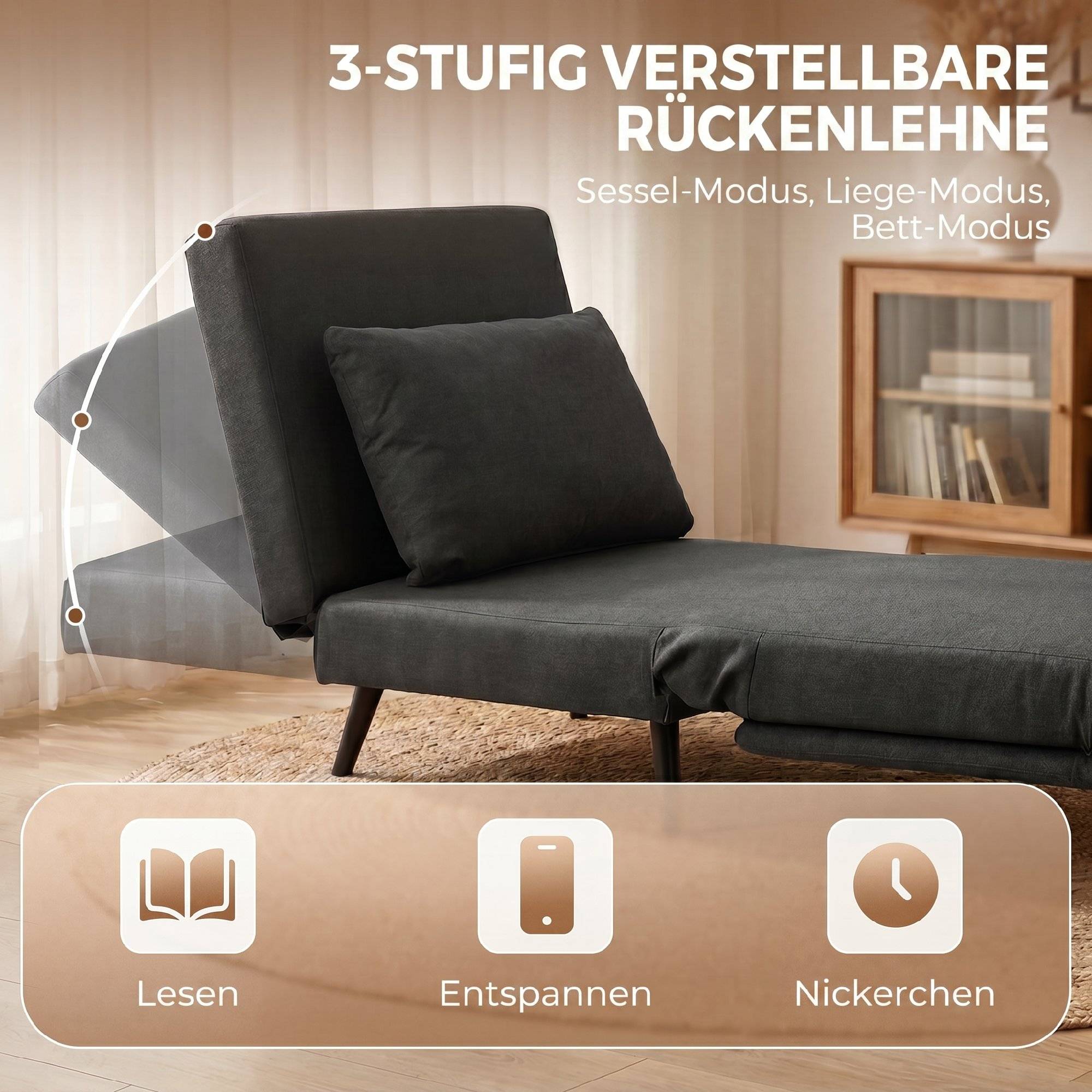 Fauteuil-lit 3 en 1 pliable en lin avec dossier réglable, ressorts en S, pieds en métal, gris foncé - Image 7