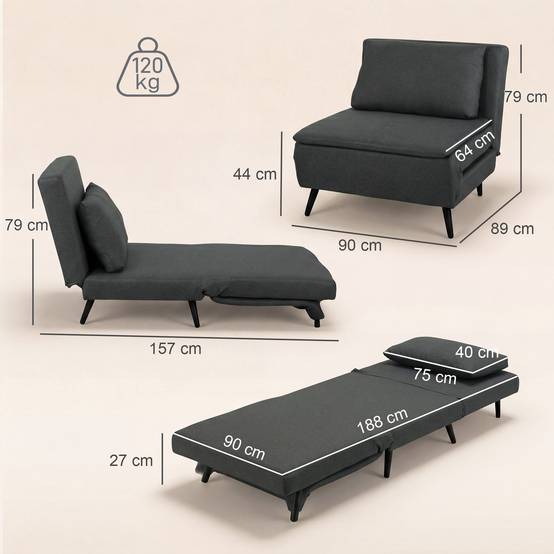 Fauteuil-lit 3 en 1 pliable en lin avec dossier réglable, ressorts en S, pieds en métal, gris foncé - Image 5