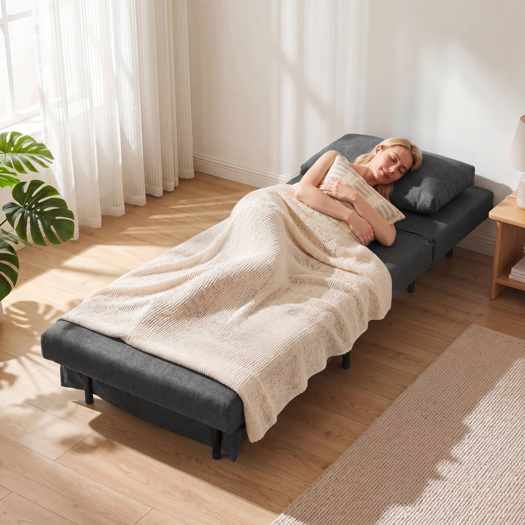 Fauteuil-lit 3 en 1 pliable en lin avec dossier réglable, ressorts en S, pieds en métal, gris foncé - Image 10