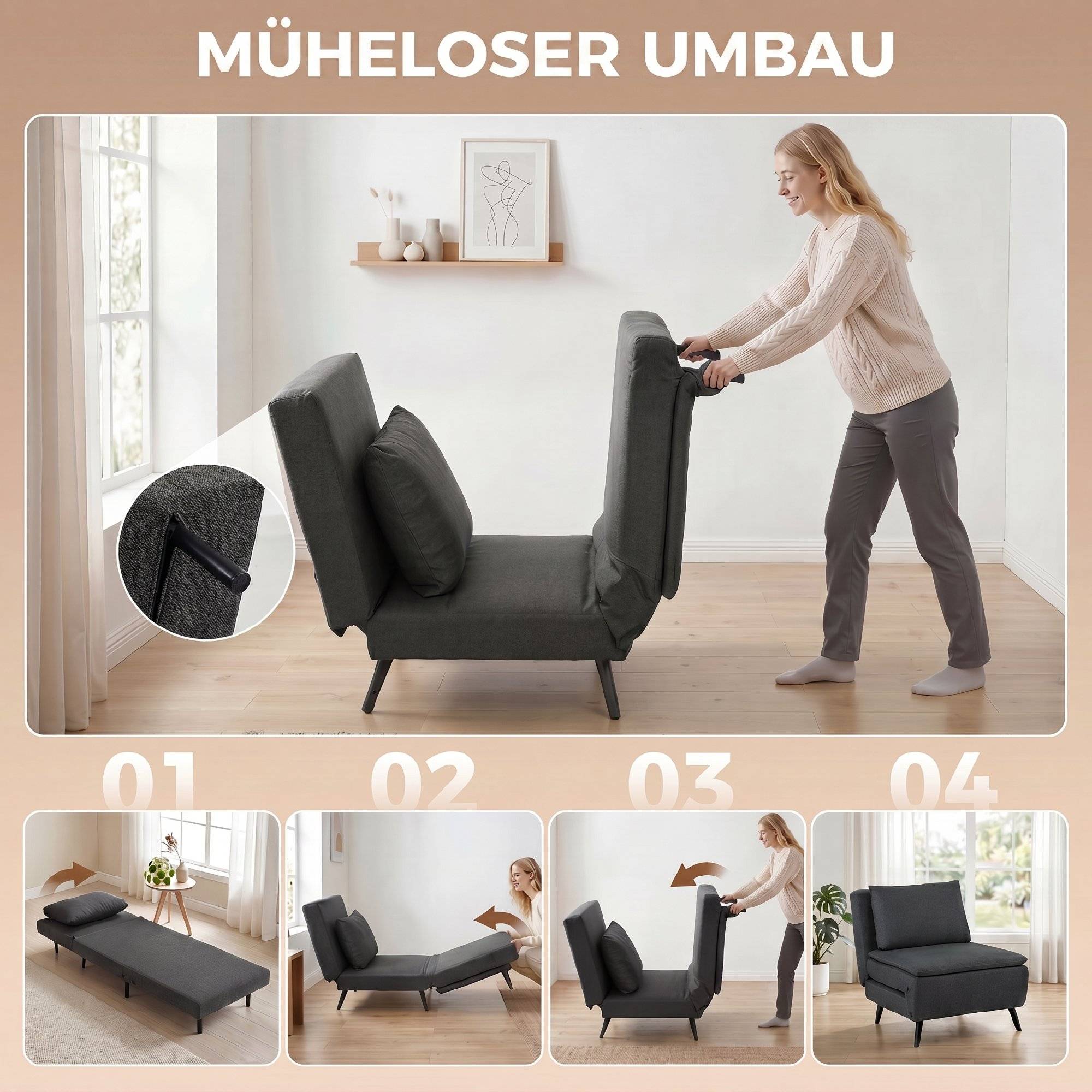 Fauteuil-lit 3 en 1 pliable en lin avec dossier réglable, ressorts en S, pieds en métal, gris foncé - Image 6