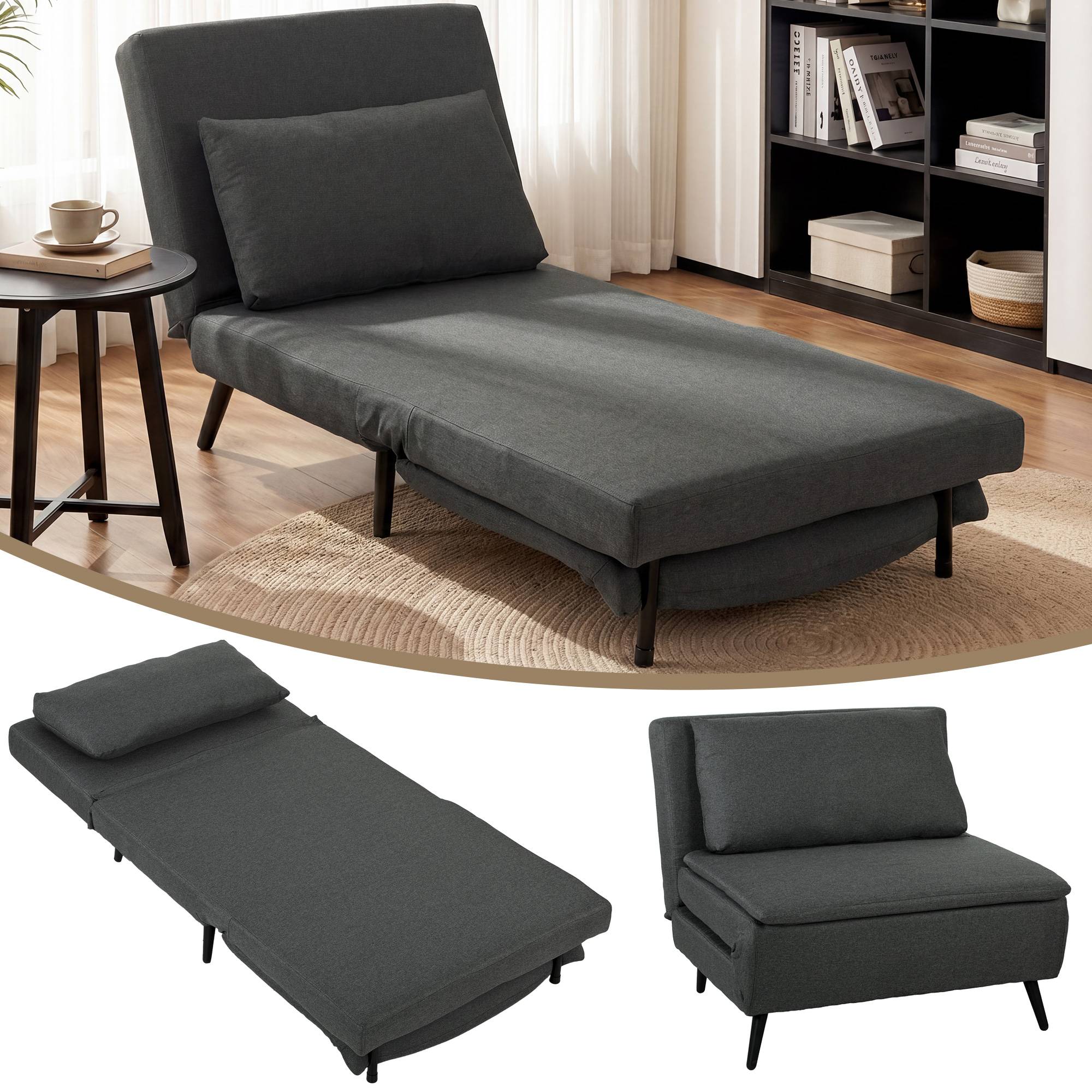 Fauteuil-lit 3 en 1 pliable en lin avec dossier réglable, ressorts en S, pieds en métal, gris foncé - Image 1