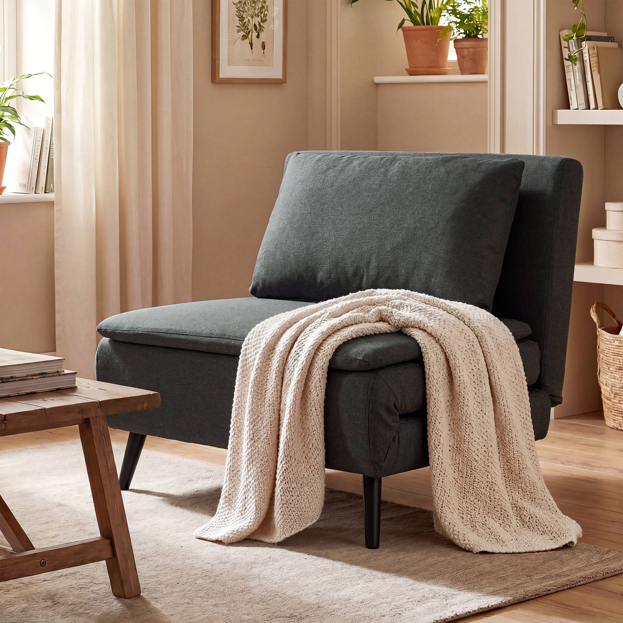Fauteuil-lit 3 en 1 pliable en lin avec dossier réglable, ressorts en S, pieds en métal, gris foncé - Image 4