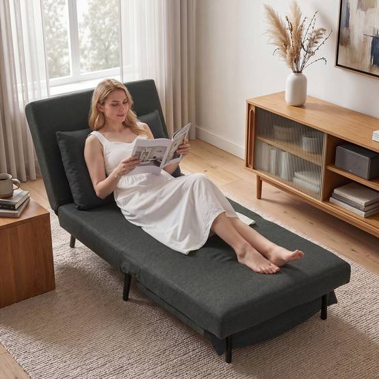 Fauteuil-lit 3 en 1 pliable en lin avec dossier réglable, ressorts en S, pieds en métal, gris foncé - Image 3