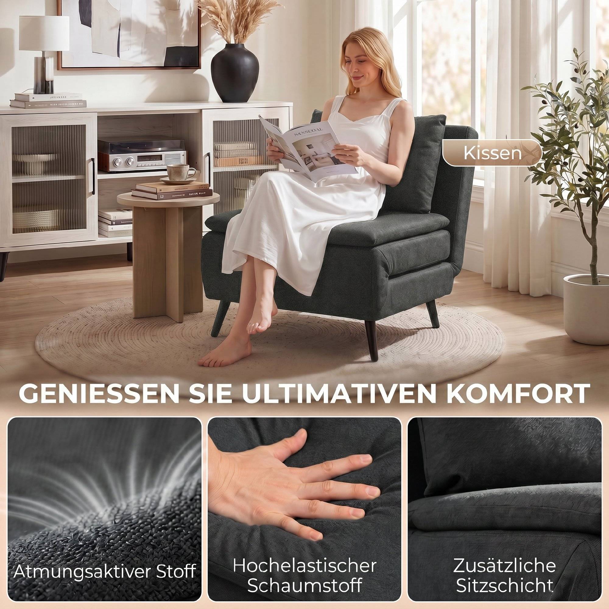 Fauteuil-lit 3 en 1 pliable en lin avec dossier réglable, ressorts en S, pieds en métal, gris foncé - Image 8