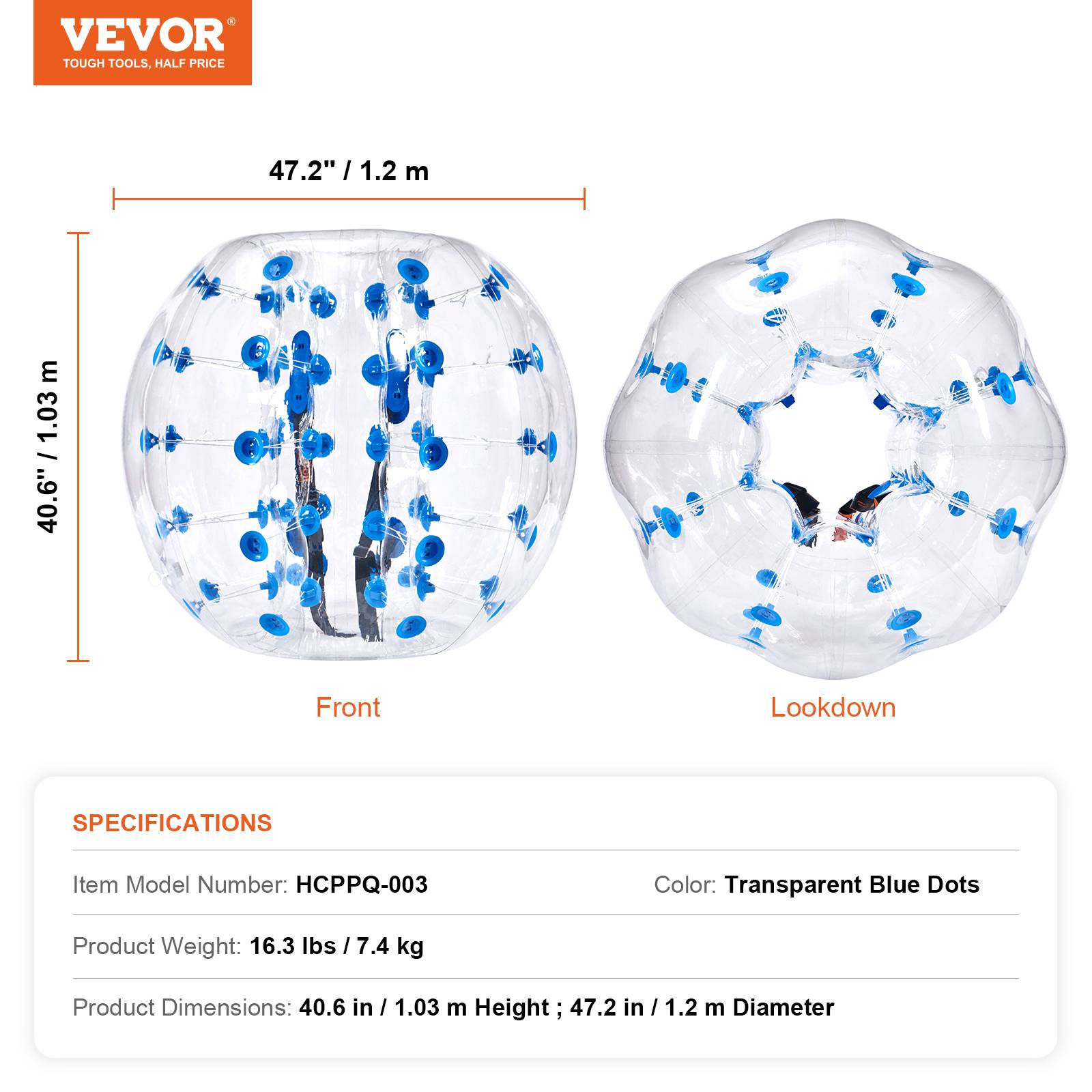 VEVOR Bulle gonflable 1.2m pois bleu, PVC 0.8mm, pour jeux en plein air, adolescents/adultes. - Image 7