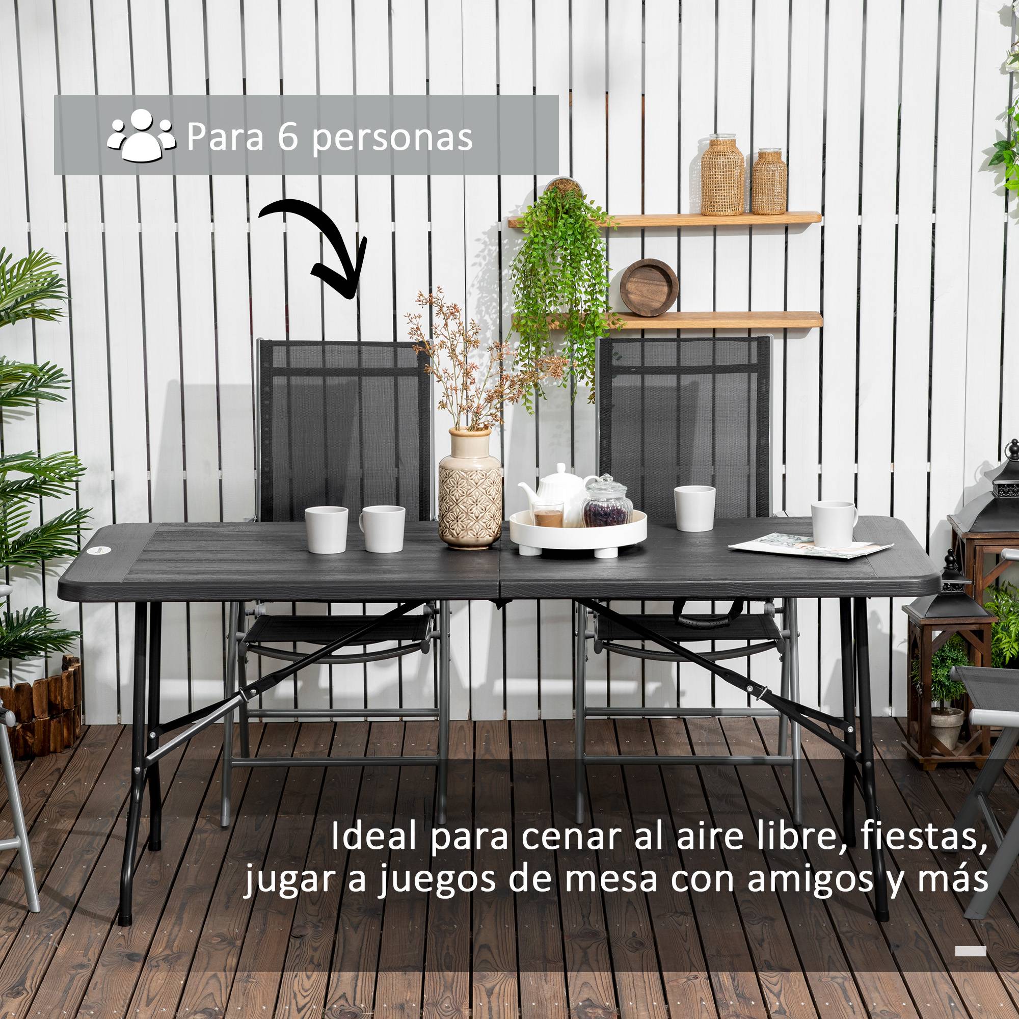 Table de jardin pliante rectangulaire portable pour 6 personnes, acier et PEHD, 180 x 75,5 x 73 cm, gris foncé - Image 6