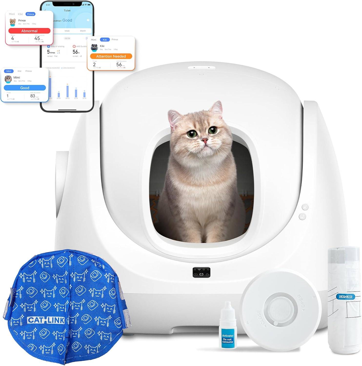 Litière autonettoyante contrôle de la santé de Votre Chat télécommande APP, Anti-Blocage, Anti-Odeur blanc