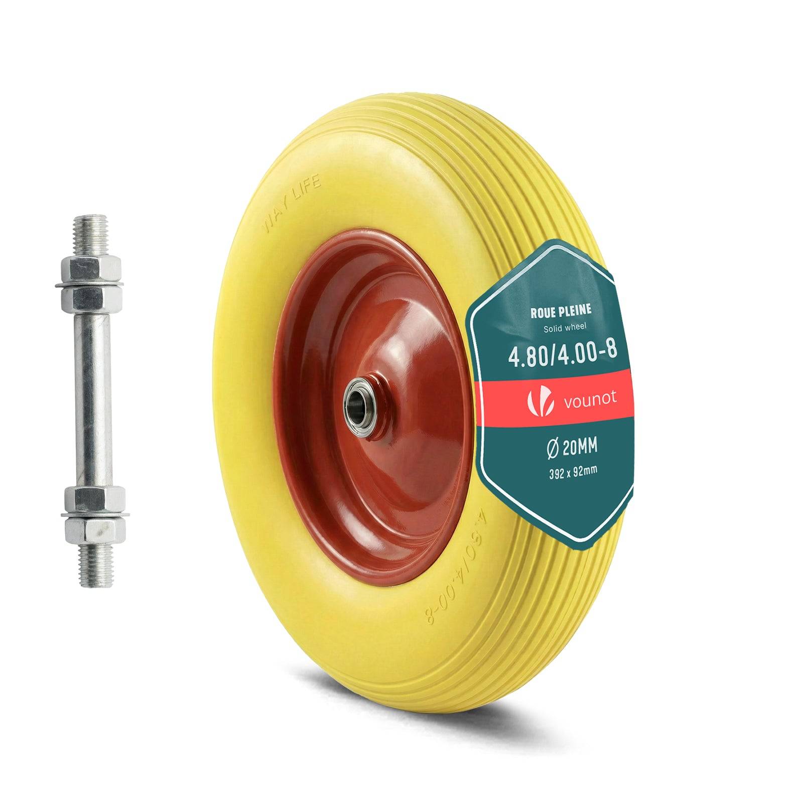 Vounot - Roue increvable 4.80/4.00-8 en PU pour brouette diable alesage 20mm 392x92 mm Jaune - Image 1