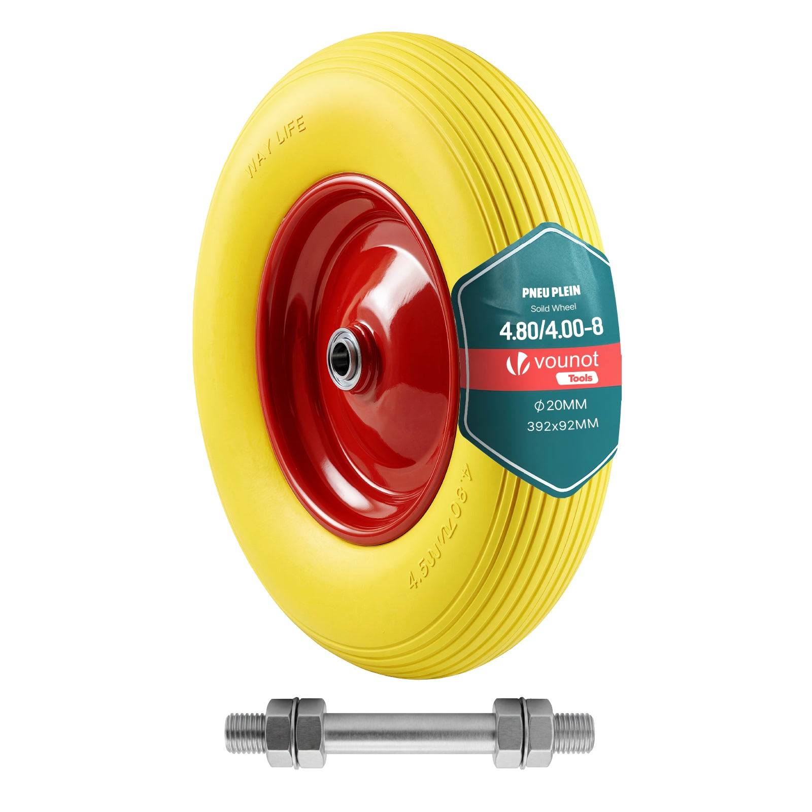 Vounot - Roue increvable 4.80/4.00-8 en PU pour brouette diable alesage 20mm 392x92 mm Jaune - Image 1