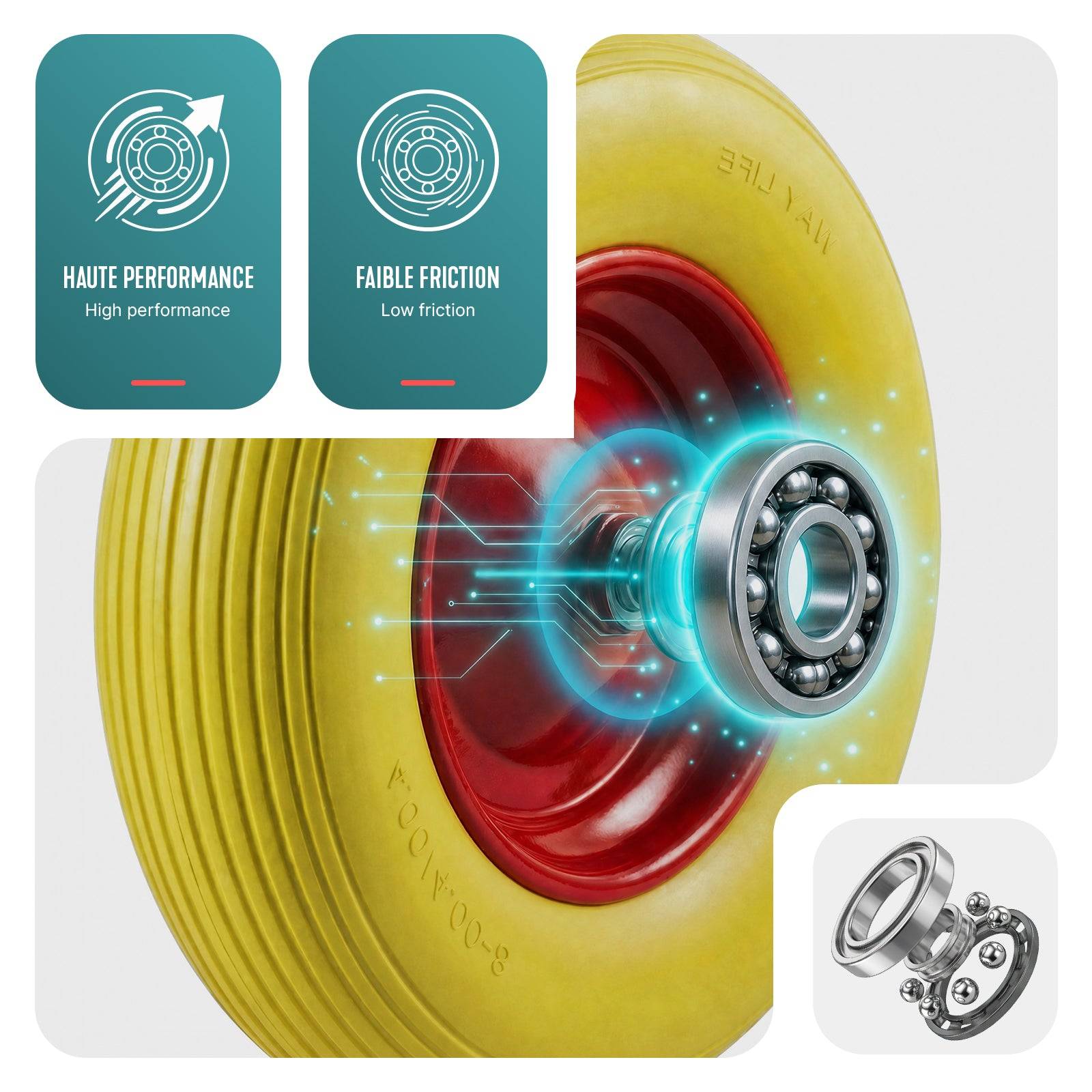 Vounot - Roue increvable 4.80/4.00-8 en PU pour brouette diable alesage 20mm 392x92 mm Jaune - Image 4