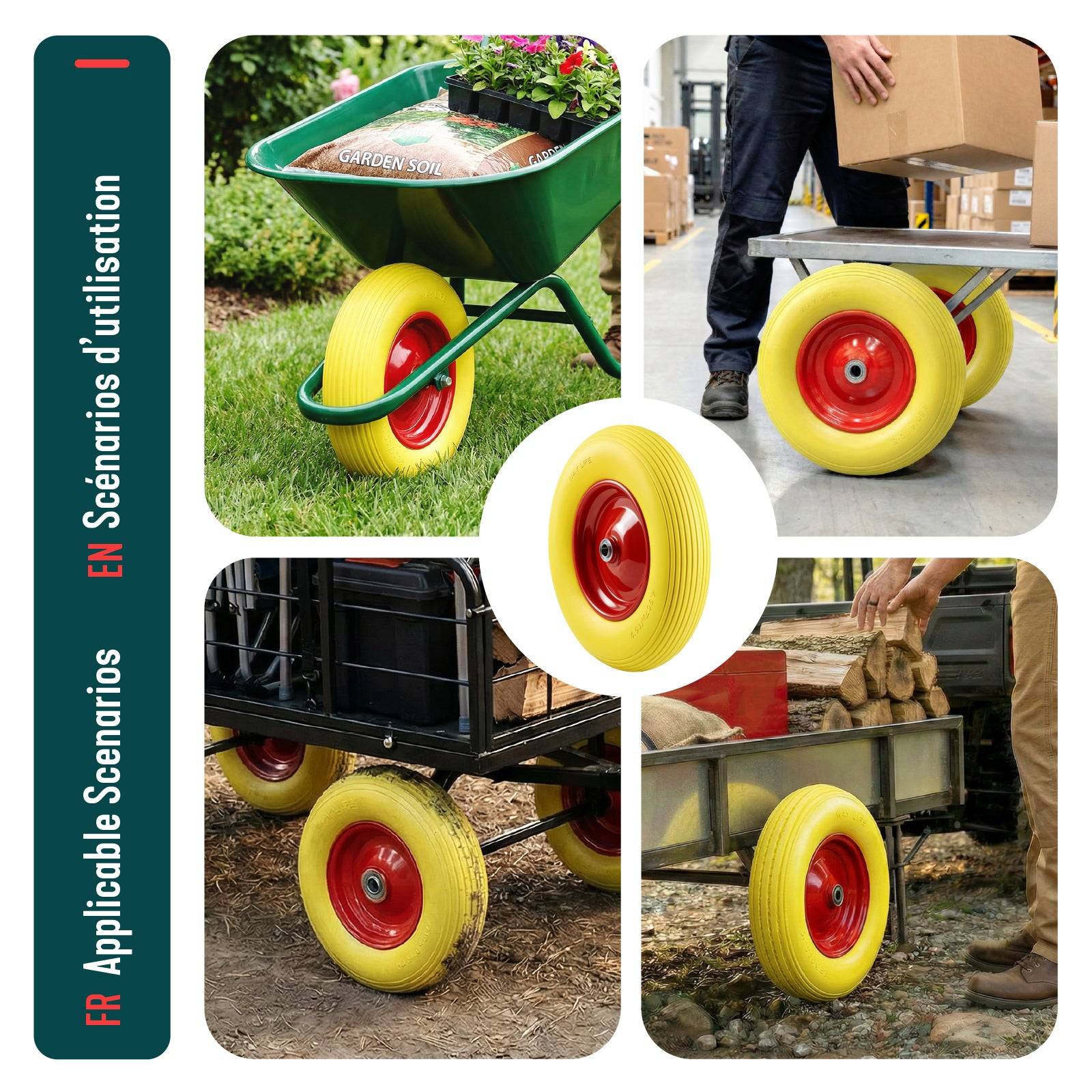 Vounot - Roue increvable 4.80/4.00-8 en PU pour brouette diable alesage 20mm 392x92 mm Jaune - Image 7