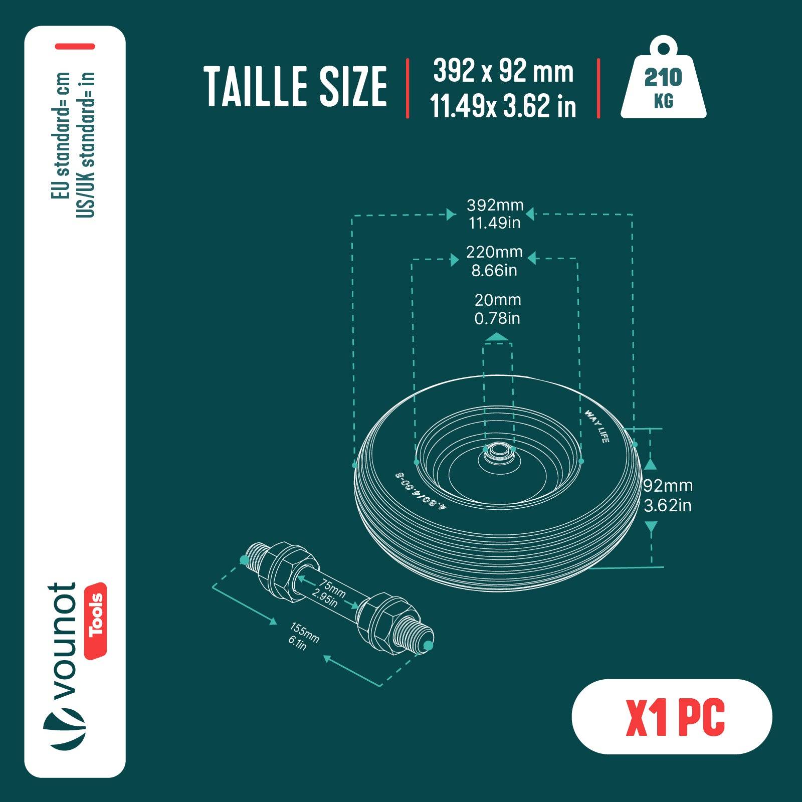 Vounot - Roue increvable 4.80/4.00-8 en PU pour brouette diable alesage 20mm 392x92 mm Jaune - Image 3