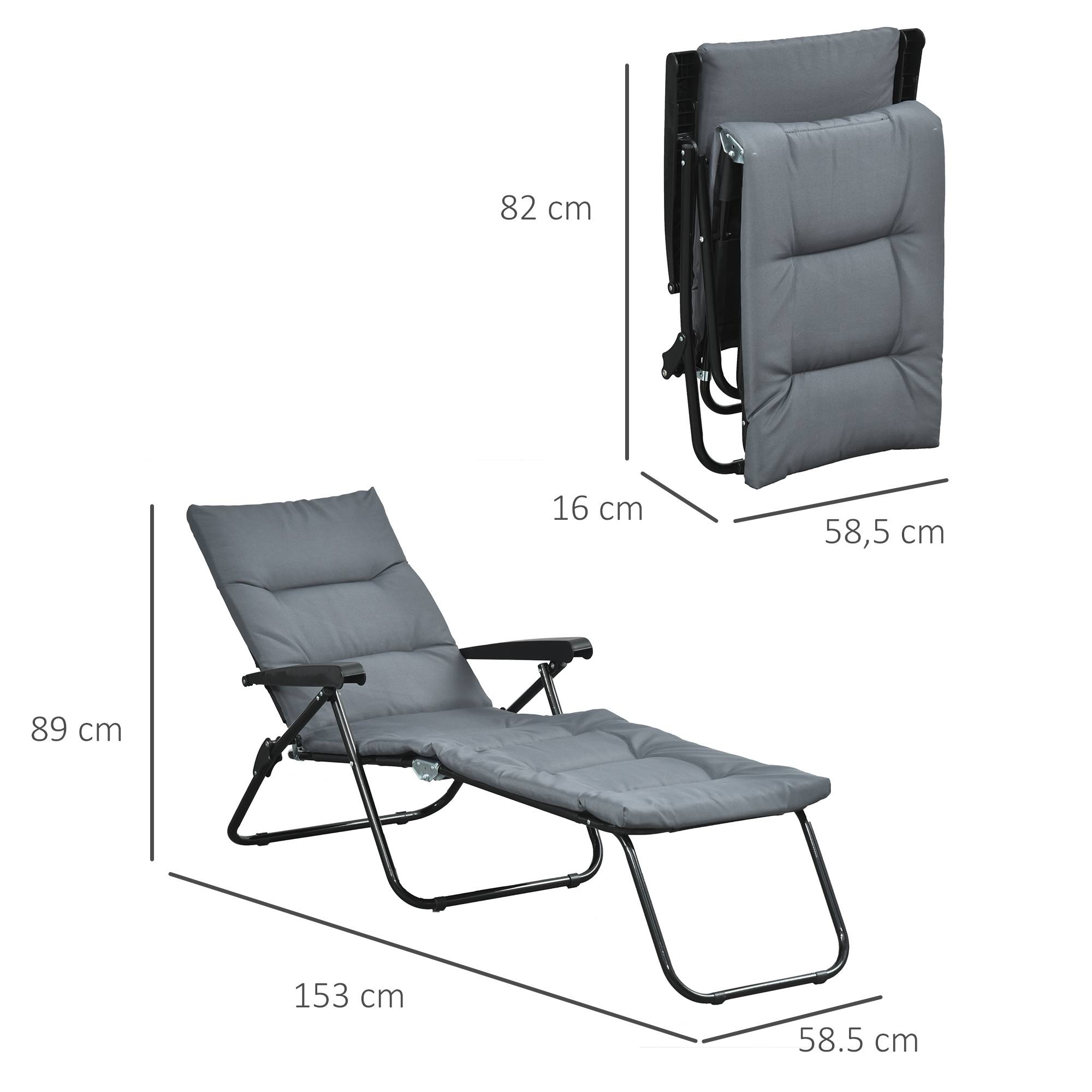 Sans Marque - Bain de soleil pliable transat inclinable 6 positions avec matelas + accoudoirs acier polyester gris - Image 5