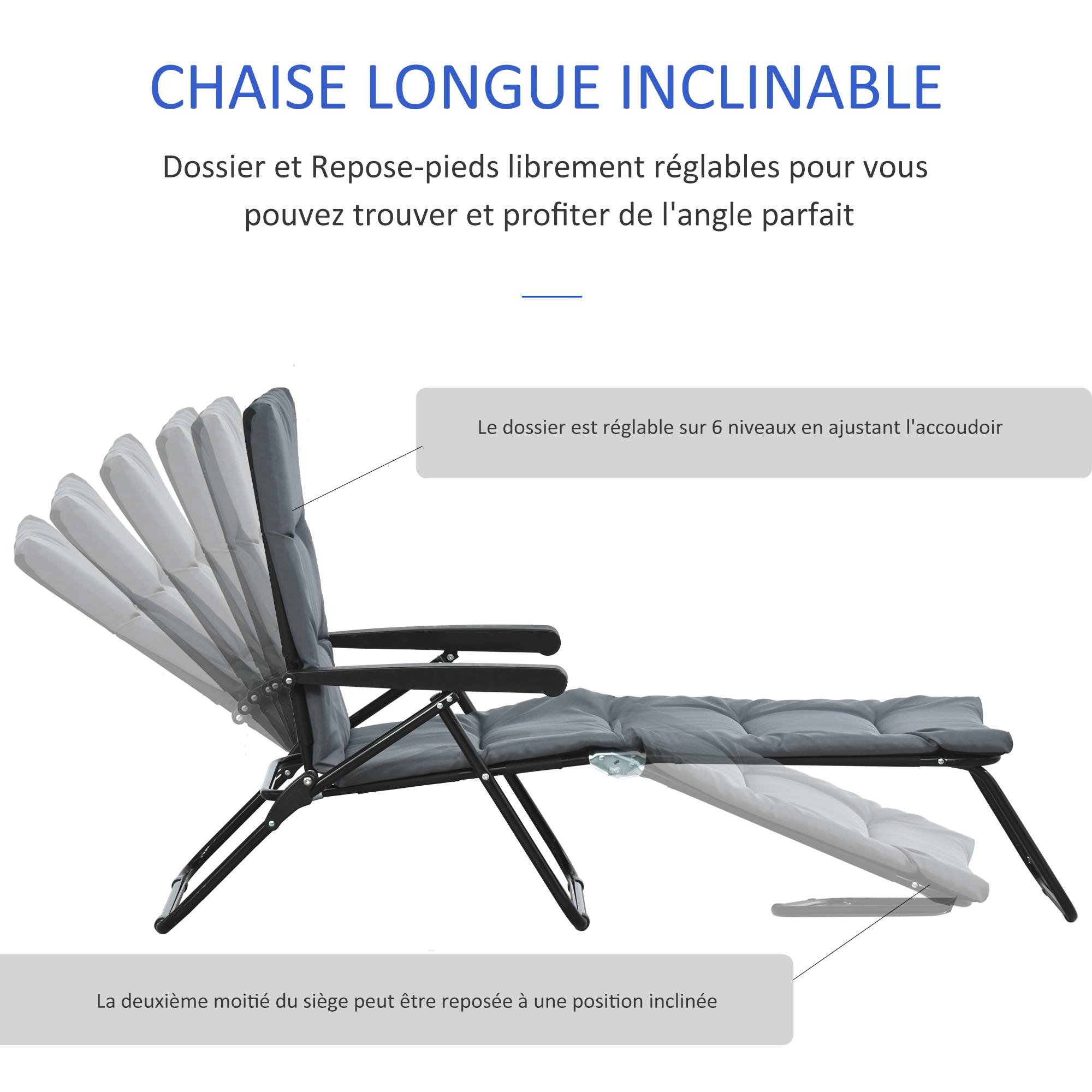 Sans Marque - Bain de soleil pliable transat inclinable 6 positions avec matelas + accoudoirs acier polyester gris - Image 6