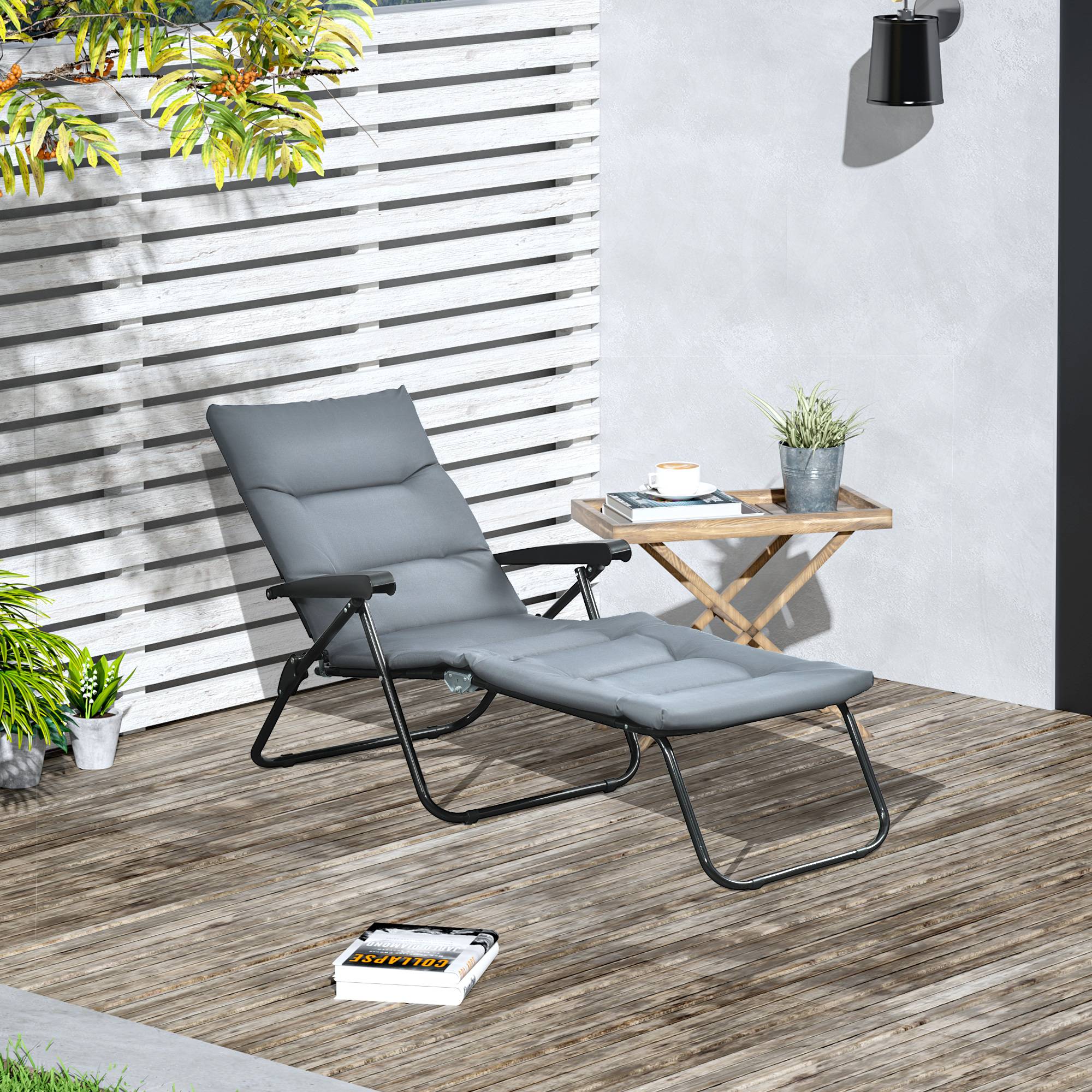 Sans Marque - Bain de soleil pliable transat inclinable 6 positions avec matelas + accoudoirs acier polyester gris - Image 4