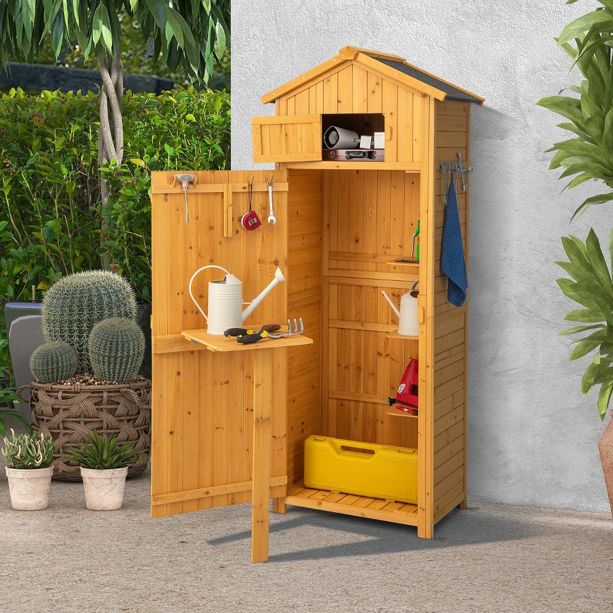 Armoire de Jardin 0.38m² Bois Imperméable avec Toit Abri de Jardin avec Table Pliable Étagères et 8 Crochets 75x50x180,5CM MAISON CHIC - Image 2