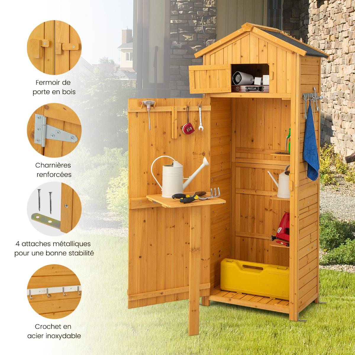 Armoire de Jardin 0.38m² Bois Imperméable avec Toit Abri de Jardin avec Table Pliable Étagères et 8 Crochets 75x50x180,5CM MAISON CHIC - Image 5