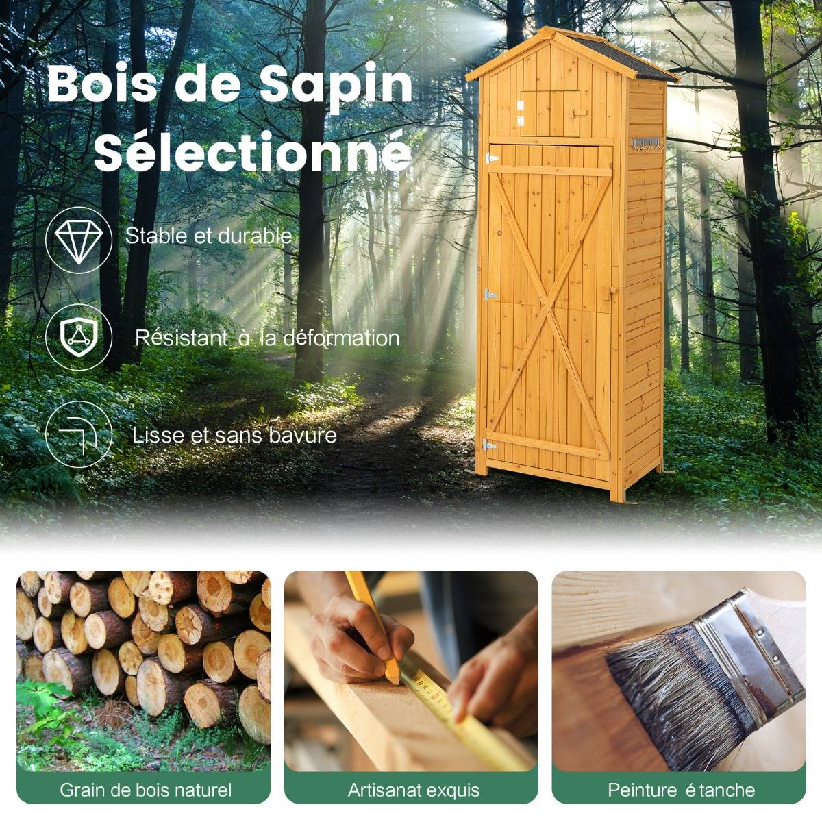 Armoire de Jardin 0.38m² Bois Imperméable avec Toit Abri de Jardin avec Table Pliable Étagères et 8 Crochets 75x50x180,5CM MAISON CHIC - Image 6