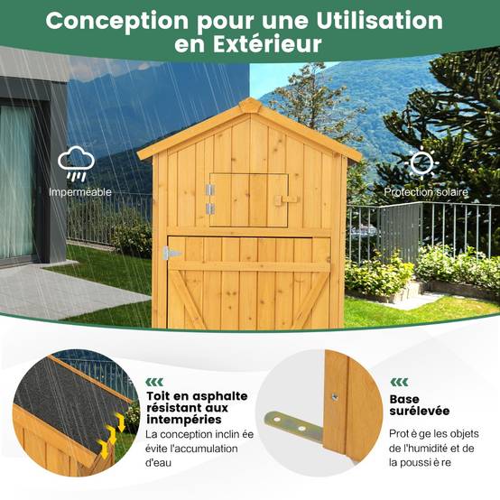 Armoire de Jardin 0.38m² Bois Imperméable avec Toit Abri de Jardin avec Table Pliable Étagères et 8 Crochets 75x50x180,5CM MAISON CHIC - Image 8