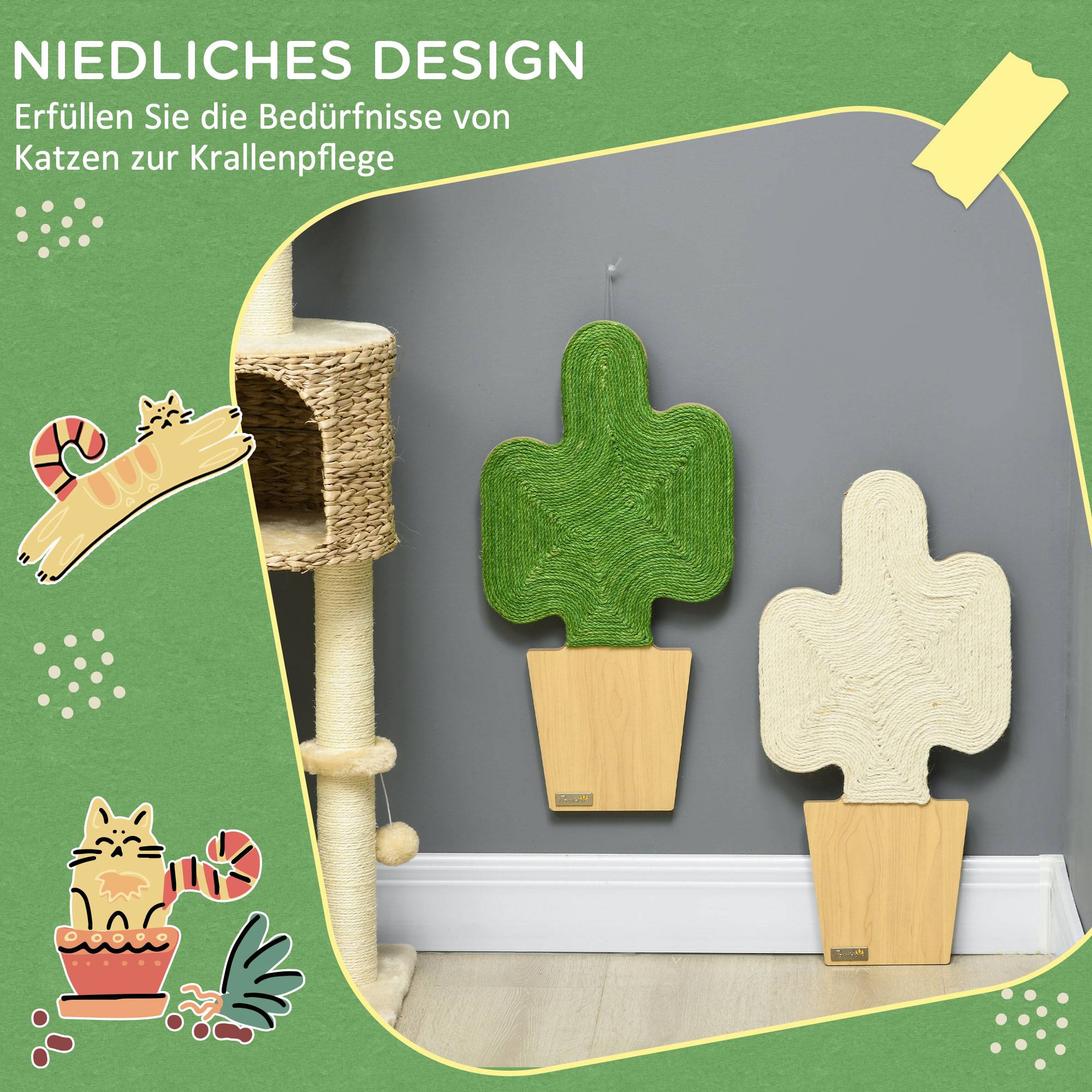 Sans Marque - Set 2 griffoirs cactus, fixation murale, 30x60 cm, Chêne+Blanc+Vert - Image 6