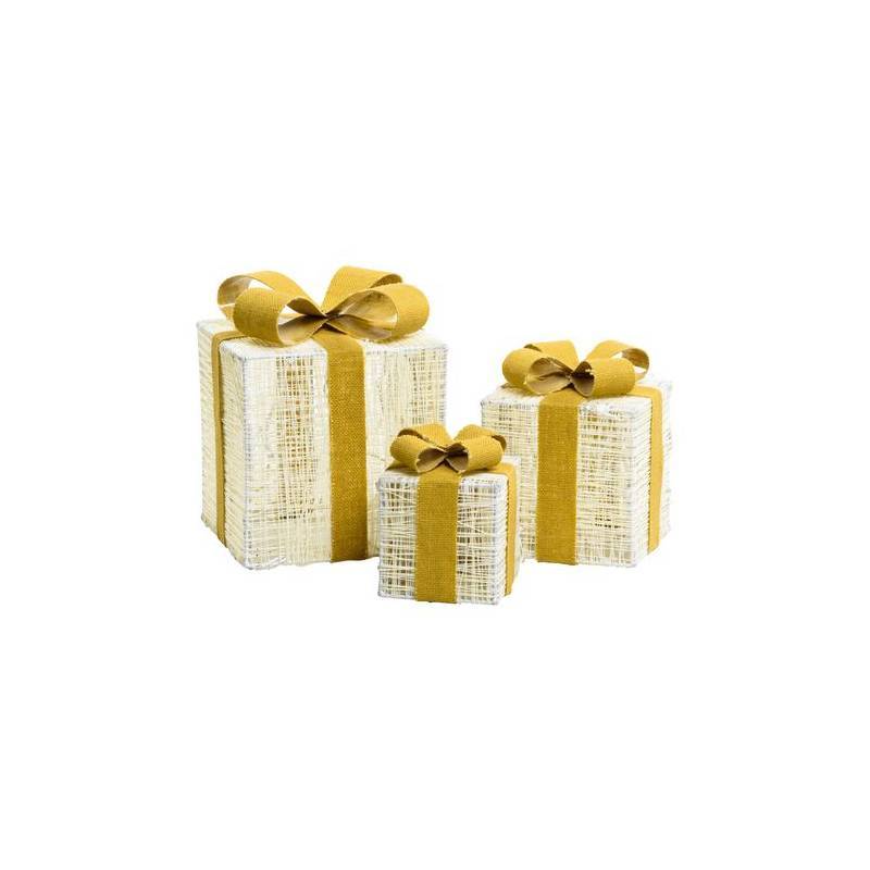 Lotti - Lot de 3 Paquets Cadeaux 3D lumineux H25 20 15cm LED ambré fil tressé crème et marron Lotti - Image 9