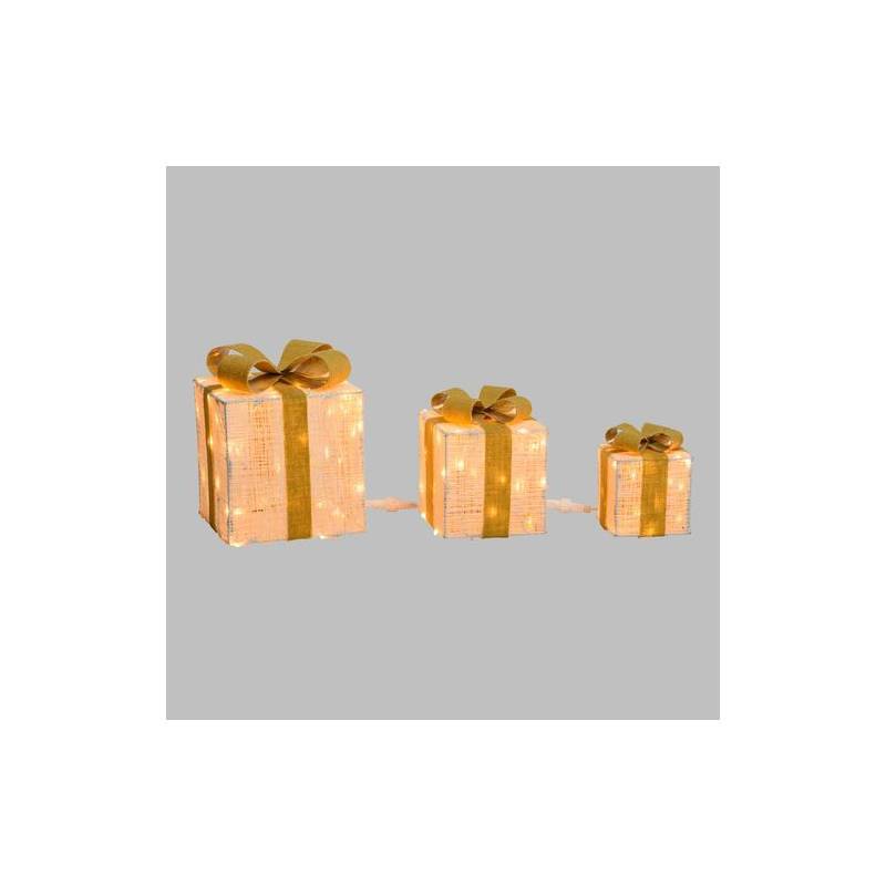 Lotti - Lot de 3 Paquets Cadeaux 3D lumineux H25 20 15cm LED ambré fil tressé crème et marron Lotti - Image 5