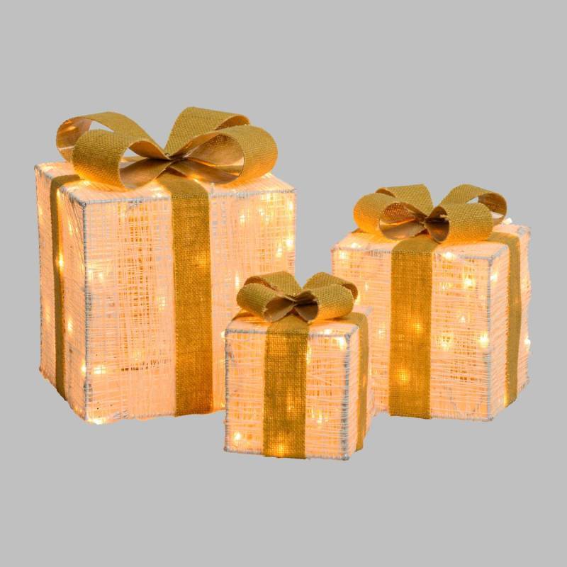 Lotti - Lot de 3 Paquets Cadeaux 3D lumineux H25 20 15cm LED ambré fil tressé crème et marron Lotti - Image 1
