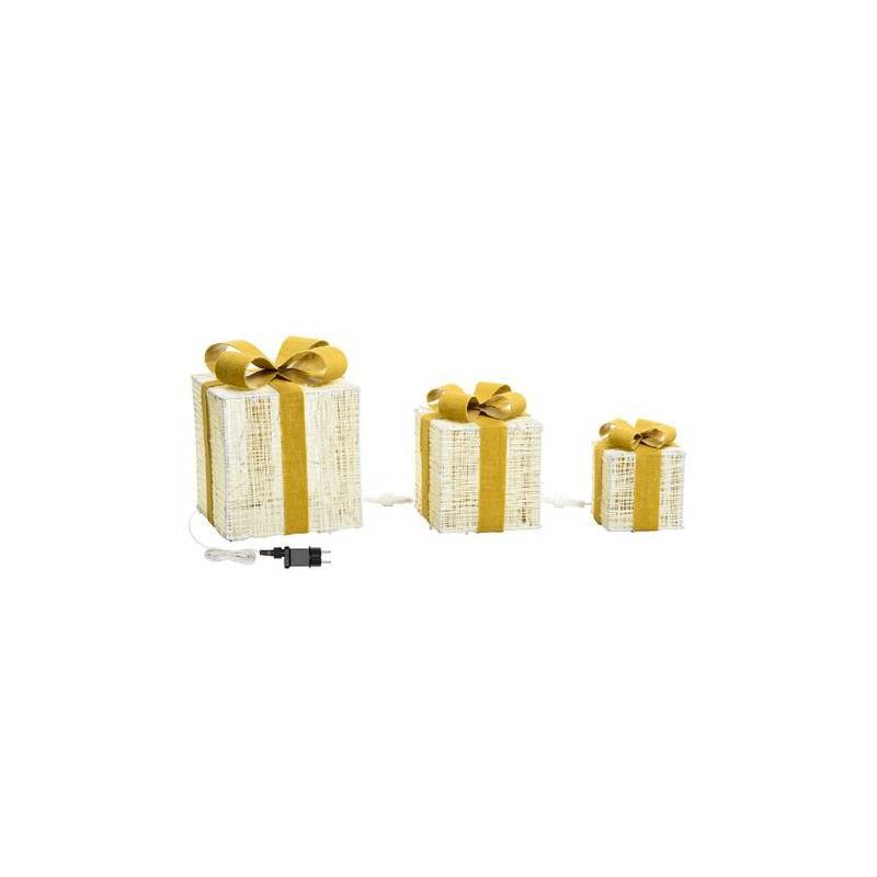 Lotti - Lot de 3 Paquets Cadeaux 3D lumineux H25 20 15cm LED ambré fil tressé crème et marron Lotti - Image 4