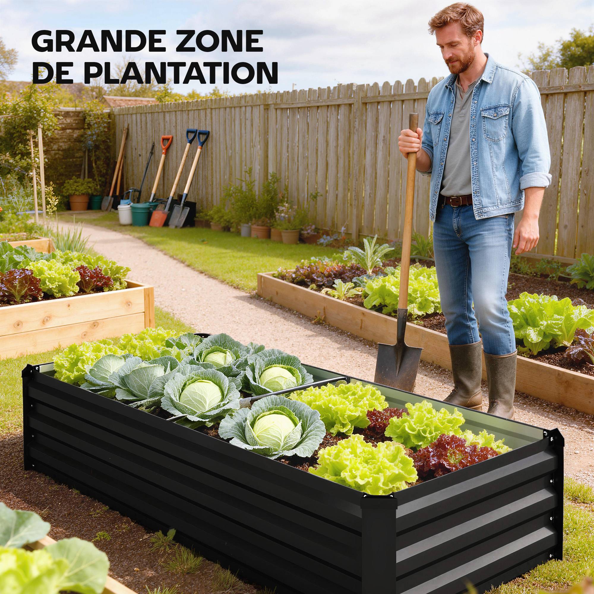 Sans Marque - Jardinière rectangulaire potager de jardin en acier galvanisé bordure de sécurité et fond ouvert 150x70x30cm gris foncé - Image 6