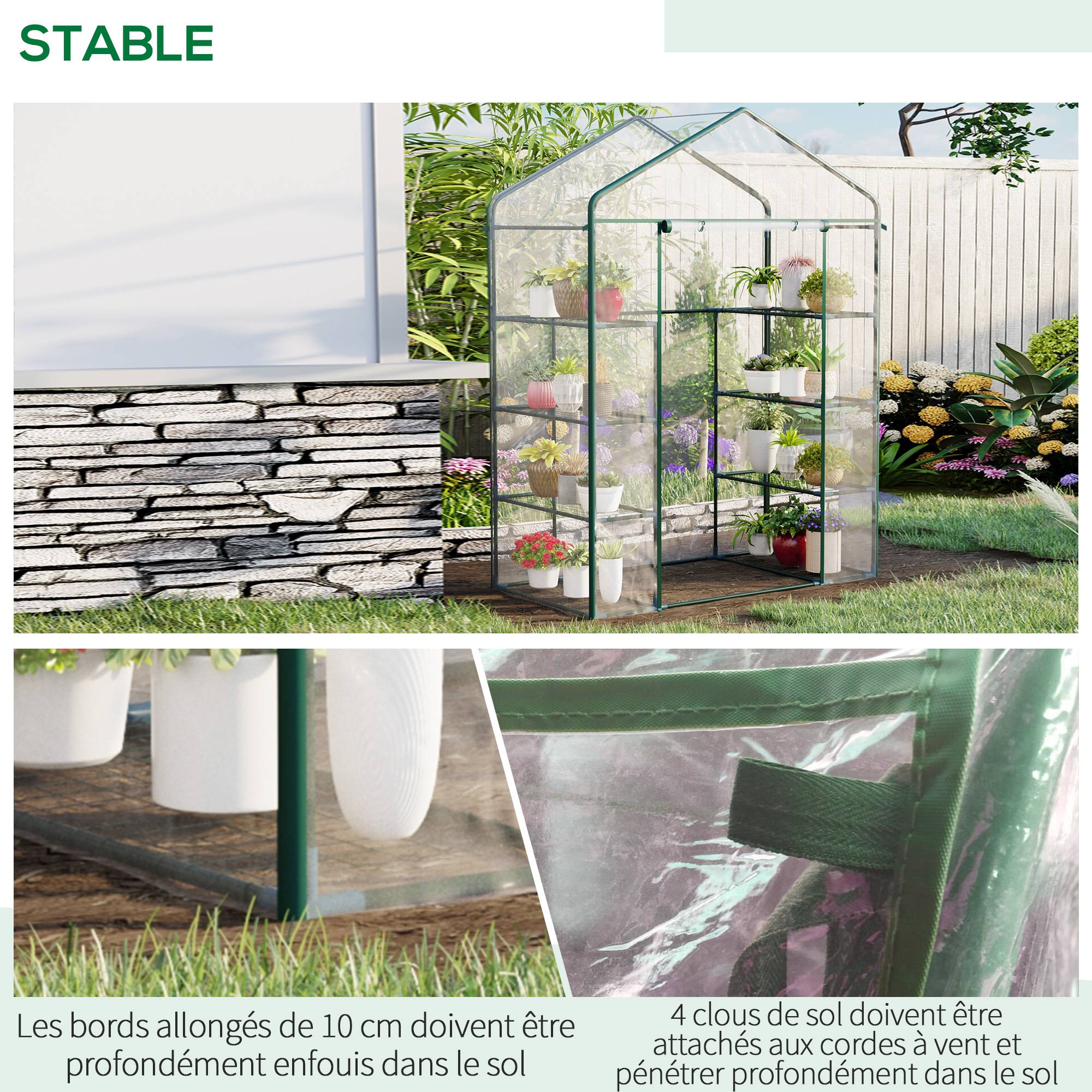 Serre de jardin 8 étagères bâche transparente PVC porte enroulable 143 x 73 x 195 cm - transparent - Image 7