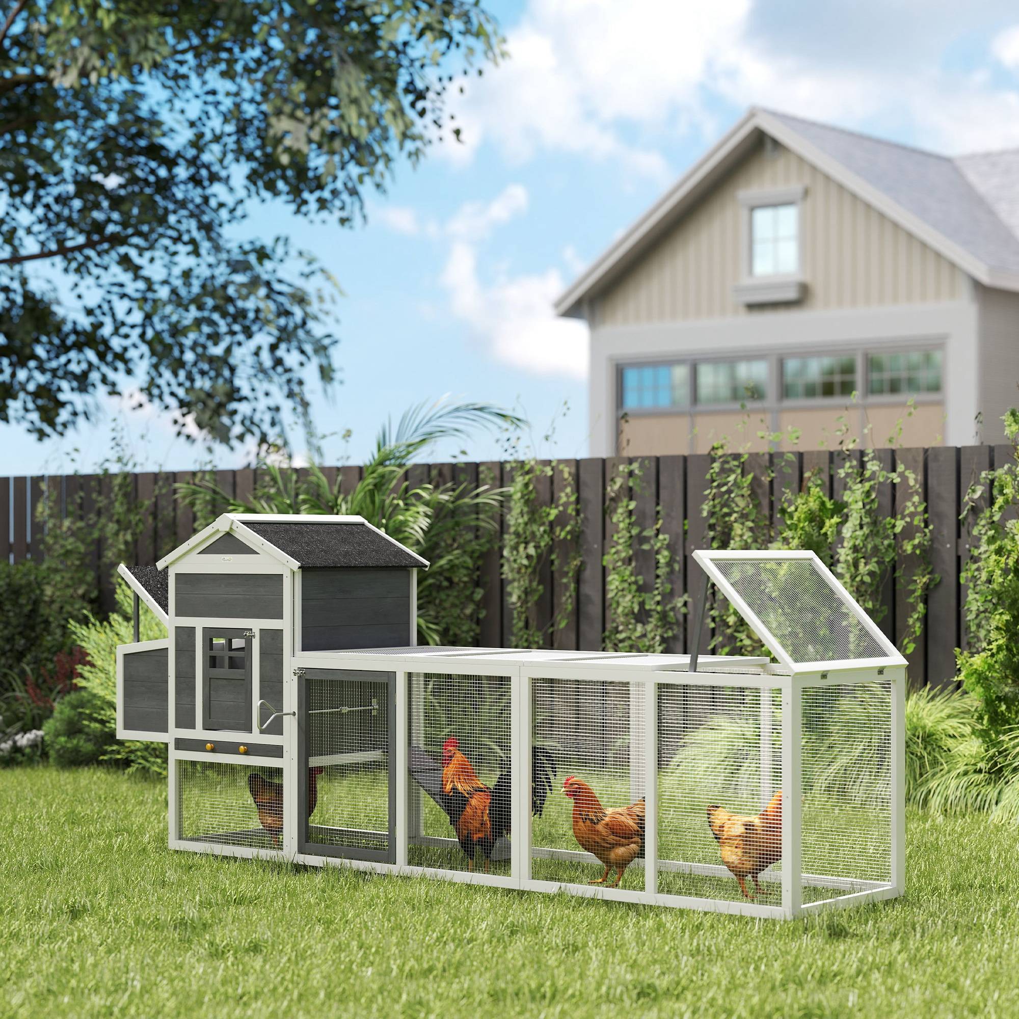 Sans Marque - Grand poulailler bois 3-6 poules toit asphalte pondoir plateau amovible 297,5x68x118 cm blanc/gris - Image 3