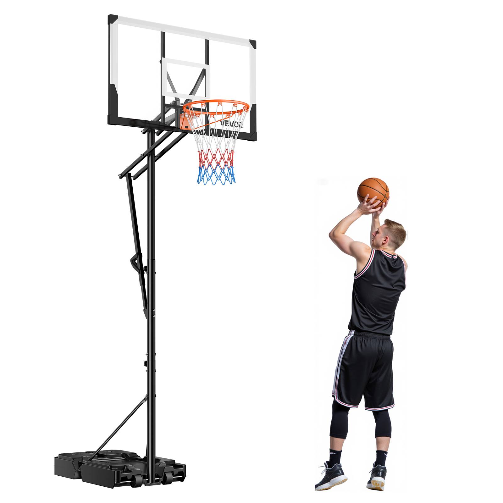 Vevor - VEVOR Panier de basket sur pied mobile, panneau PC 48" 2 mm, hauteur réglable 1,6–3,05 m, base remplissable et roues, pour intérieur et extérieur - Image 1