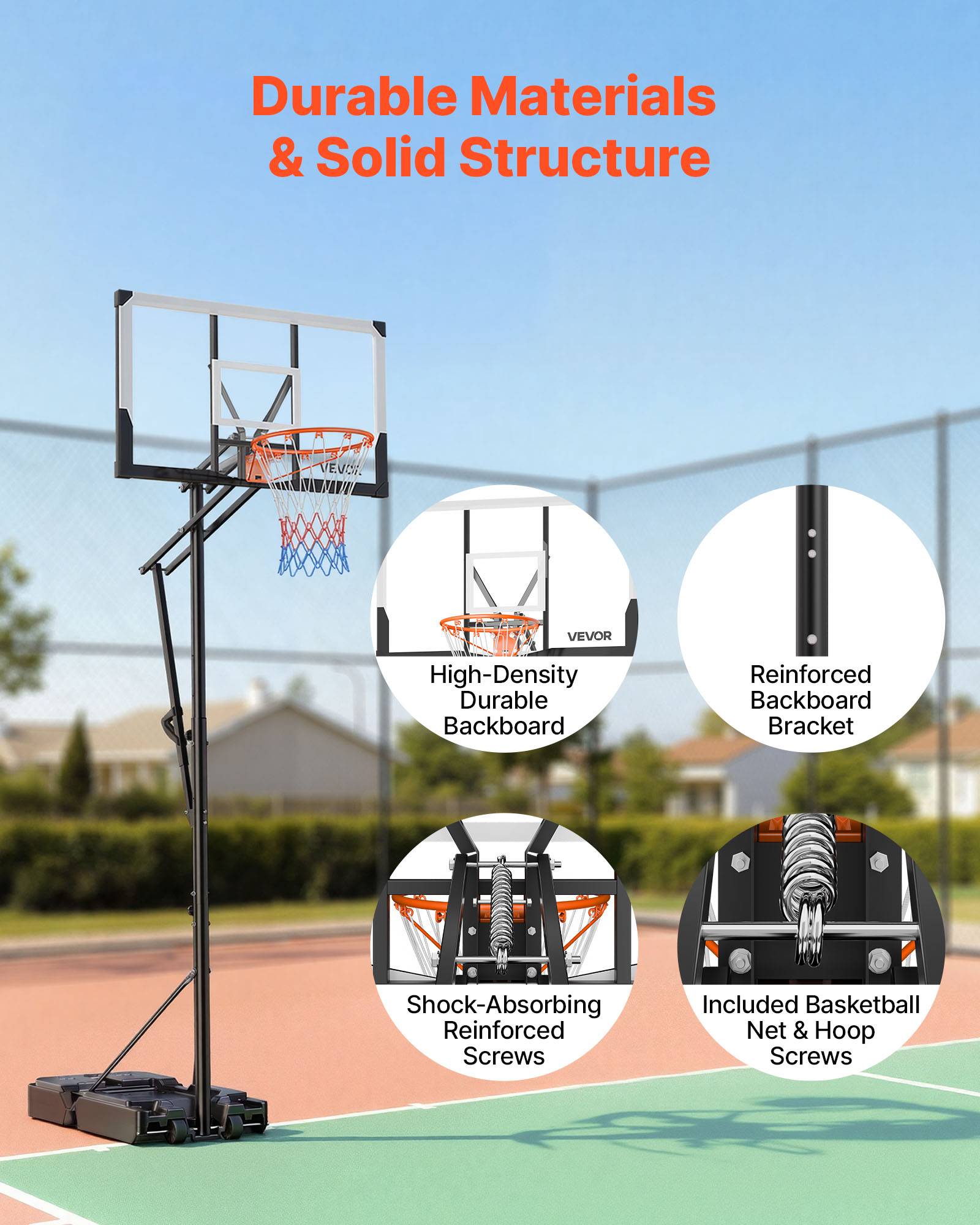 Vevor - VEVOR Panier de basket sur pied mobile, panneau PC 48" 2 mm, hauteur réglable 1,6–3,05 m, base remplissable et roues, pour intérieur et extérieur - Image 4