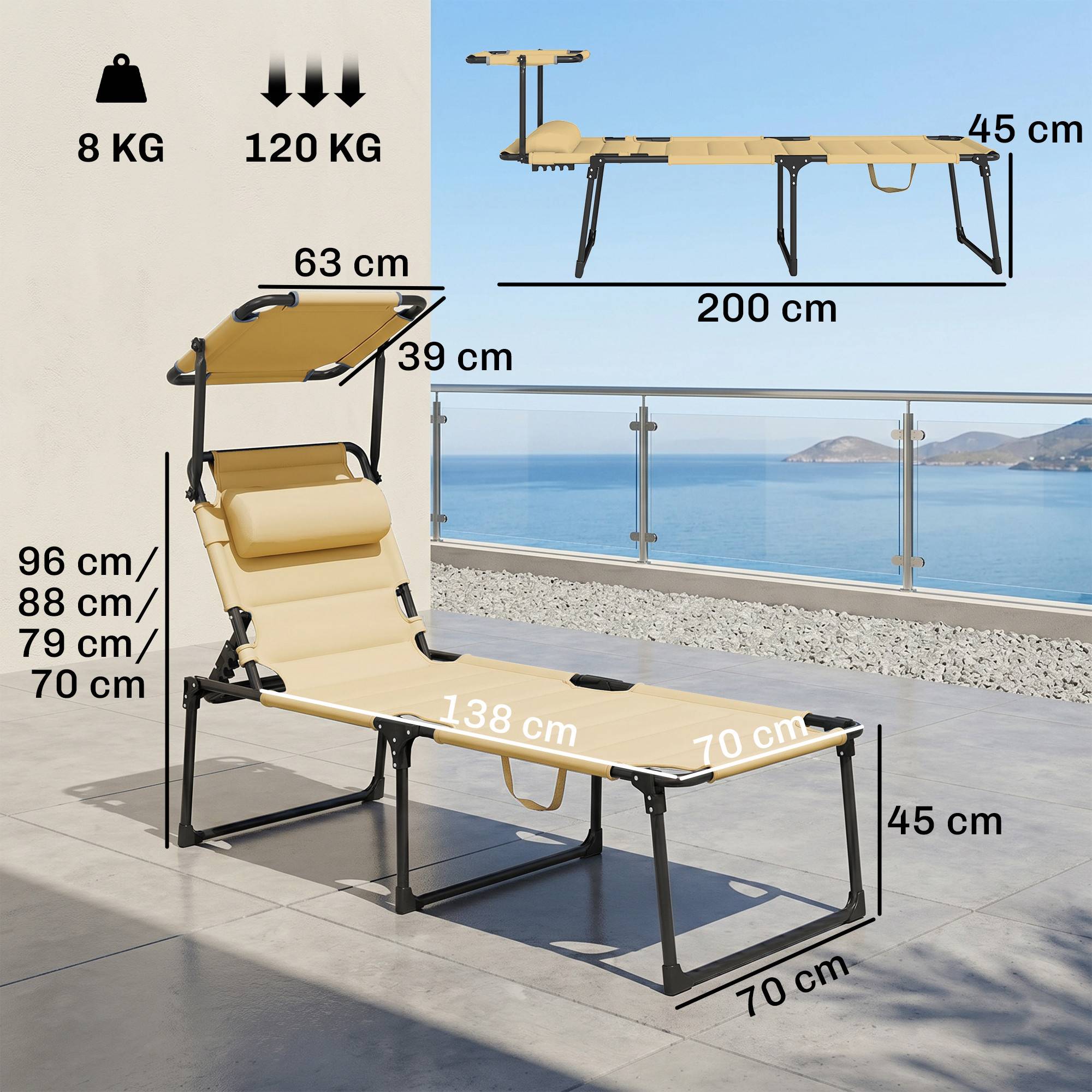 Transat de jardin avec auvent réglable, dossier inclinable sur 4 positions, appui-tête pour terrasse, 70 x 200 x 45 cm, crème - Image 5