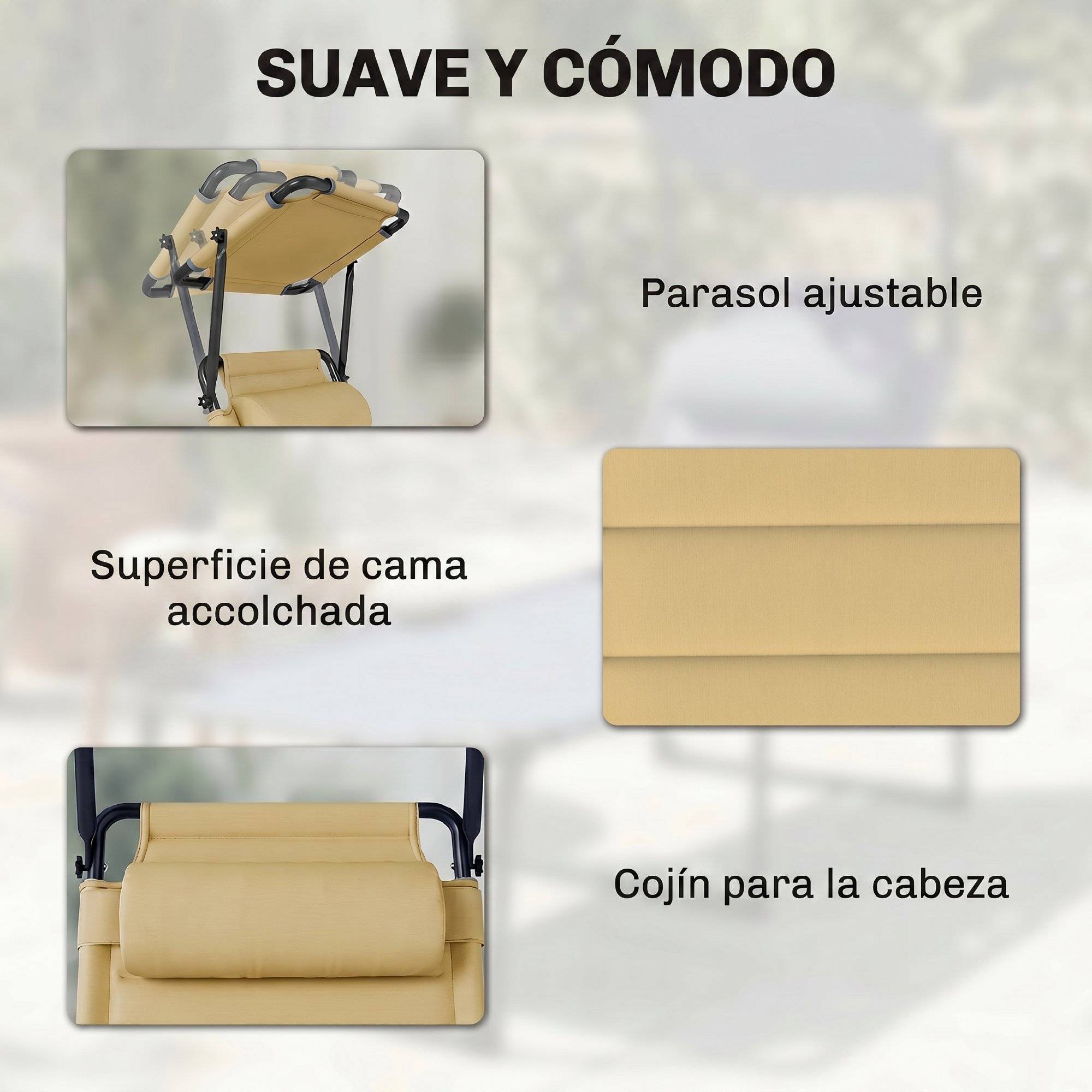 Transat de jardin avec auvent réglable, dossier inclinable sur 4 positions, appui-tête pour terrasse, 70 x 200 x 45 cm, crème - Image 8