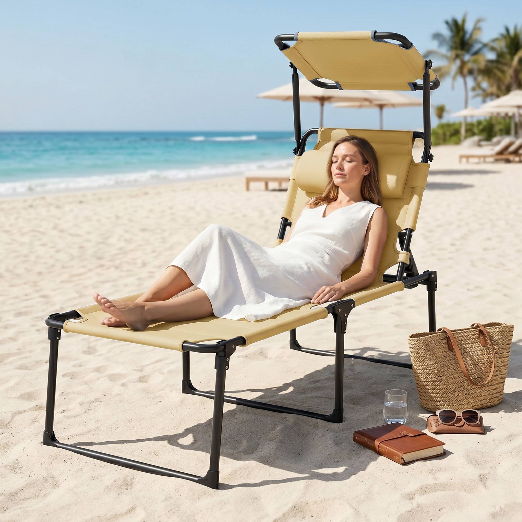 Transat de jardin avec auvent réglable, dossier inclinable sur 4 positions, appui-tête pour terrasse, 70 x 200 x 45 cm, crème - Image 10