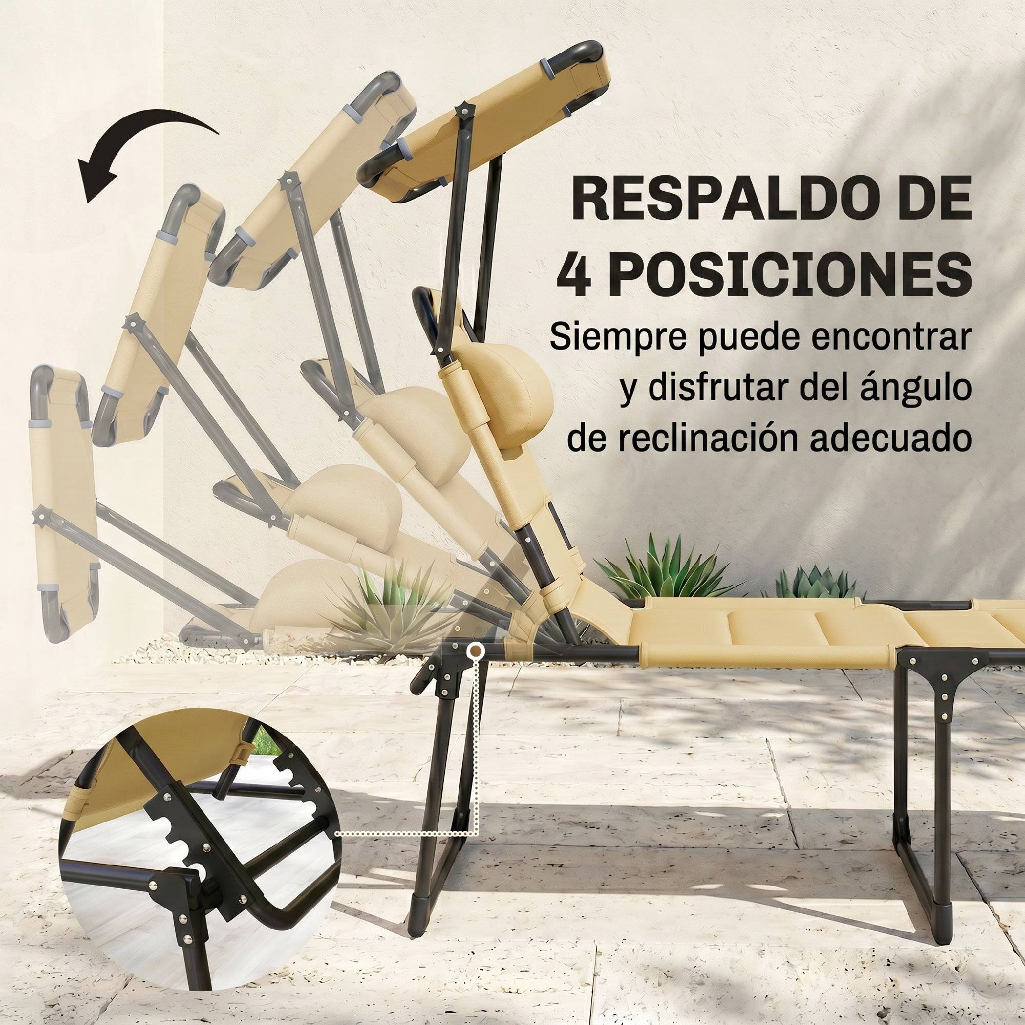 Transat de jardin avec auvent réglable, dossier inclinable sur 4 positions, appui-tête pour terrasse, 70 x 200 x 45 cm, crème - Image 6