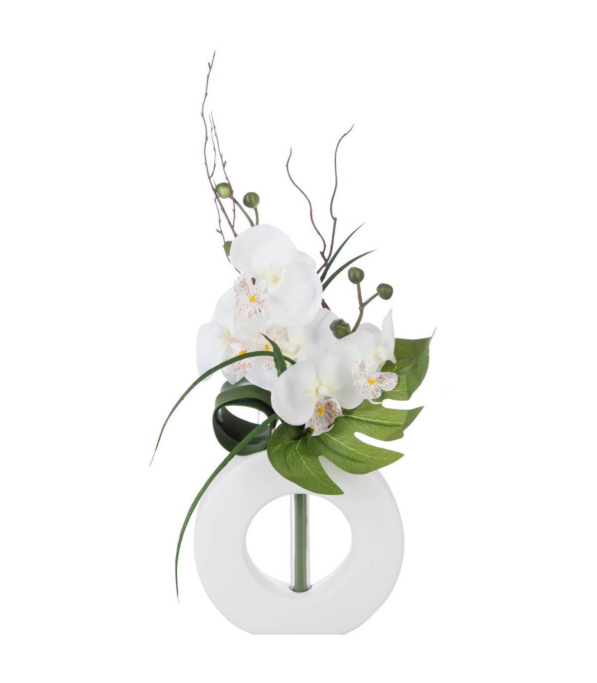Composition florale d'Orchidées artificielles Vase Blanc en Céramique H 45 cm